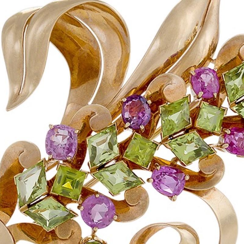 Raymond Yard Retro Peridot Pink Sapphire Amethyst and Gold Flower Brooch In Excellent Condition In New York, NY