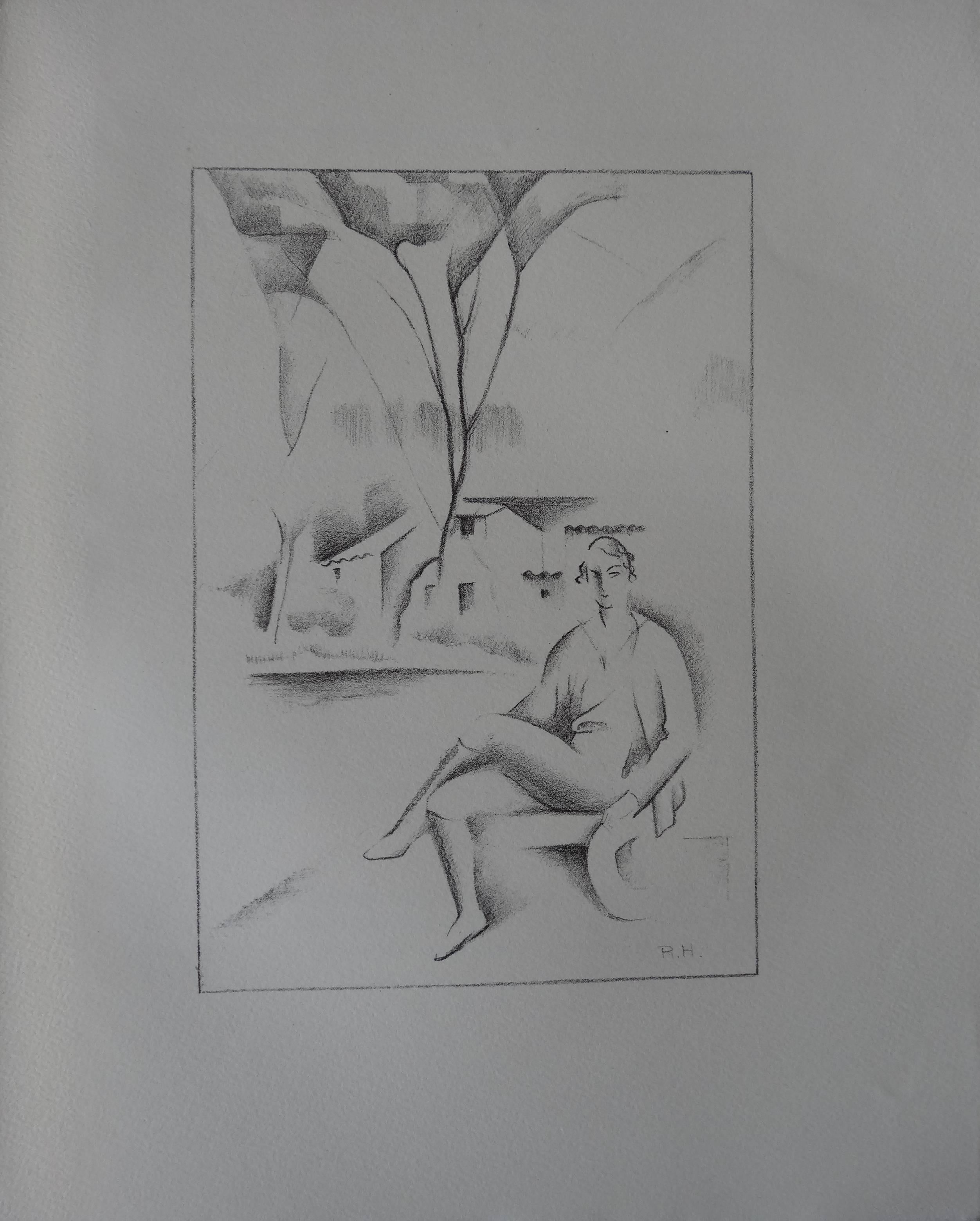 Hippolyte: Frau in einer kubistischen Landschaft – Steinlithographie, 1930 – Print von Raymonde Heudebert