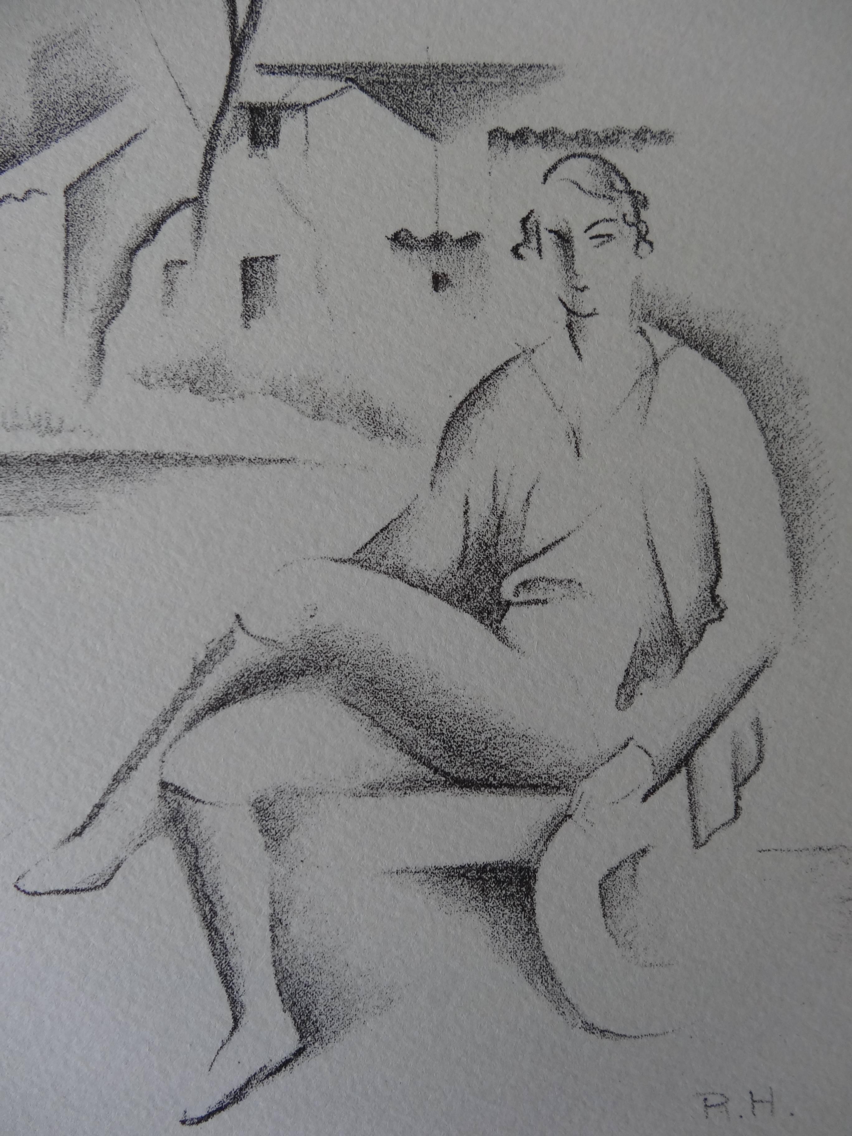 Hippolyte: Frau in einer kubistischen Landschaft – Steinlithographie, 1930 (Kubismus), Print, von Raymonde Heudebert