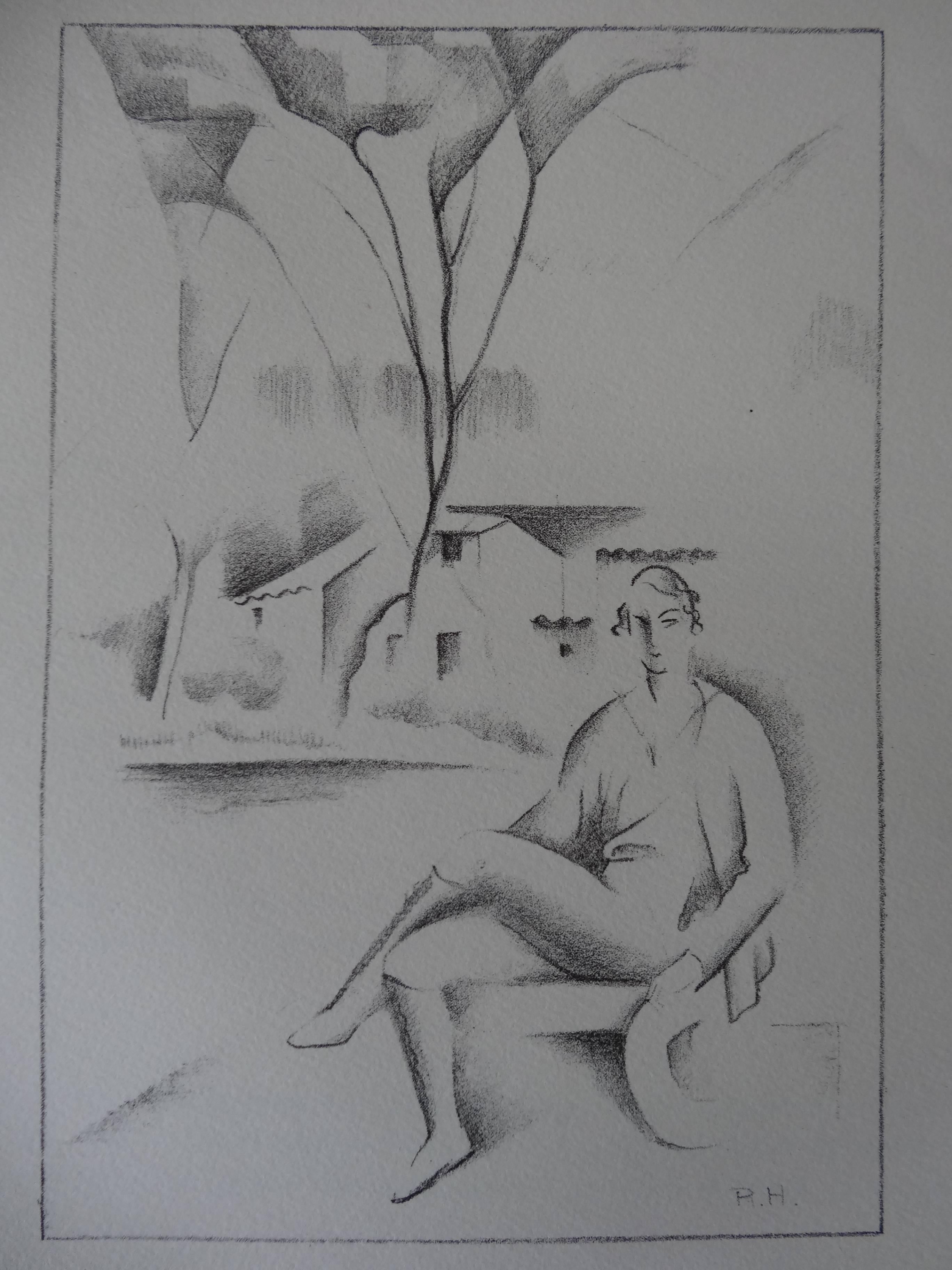 Raymonde Heudebert Figurative Print – Hippolyte: Frau in einer kubistischen Landschaft – Steinlithographie, 1930