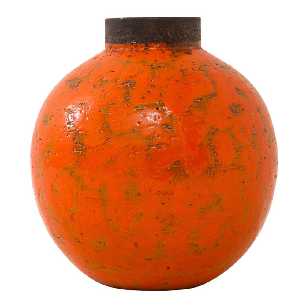 Bitossi Raymor vase, ceramic, orange, brown, signed. Chunky orange glazed spherical form vase with coarse matte brown clay collar. Signed on underside 4029 B, Italy. Retains original Raymor label which reads: BIT 3741 B.