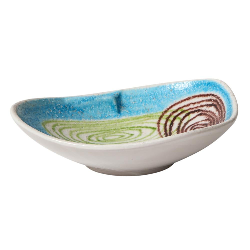 Mid-Century Modern Alvino Bagni Raymor Ashtray Bowl, Ceramic, Abstract, Blue, Green, Brown, Signed For Sale