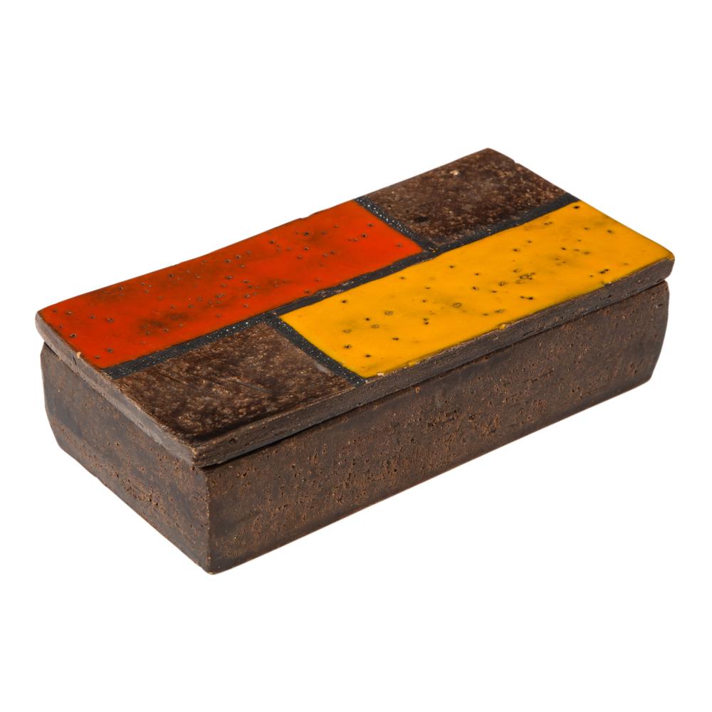 Raymor Bitossi ceramic box Mondrian orange red yellow brown signed Italy, 1960s. Medium scale lidded box designed Bitossi's creative director Aldo Londi. Imported to the United States by Raymor. Signed: 1970 Italy on underside of bottom.