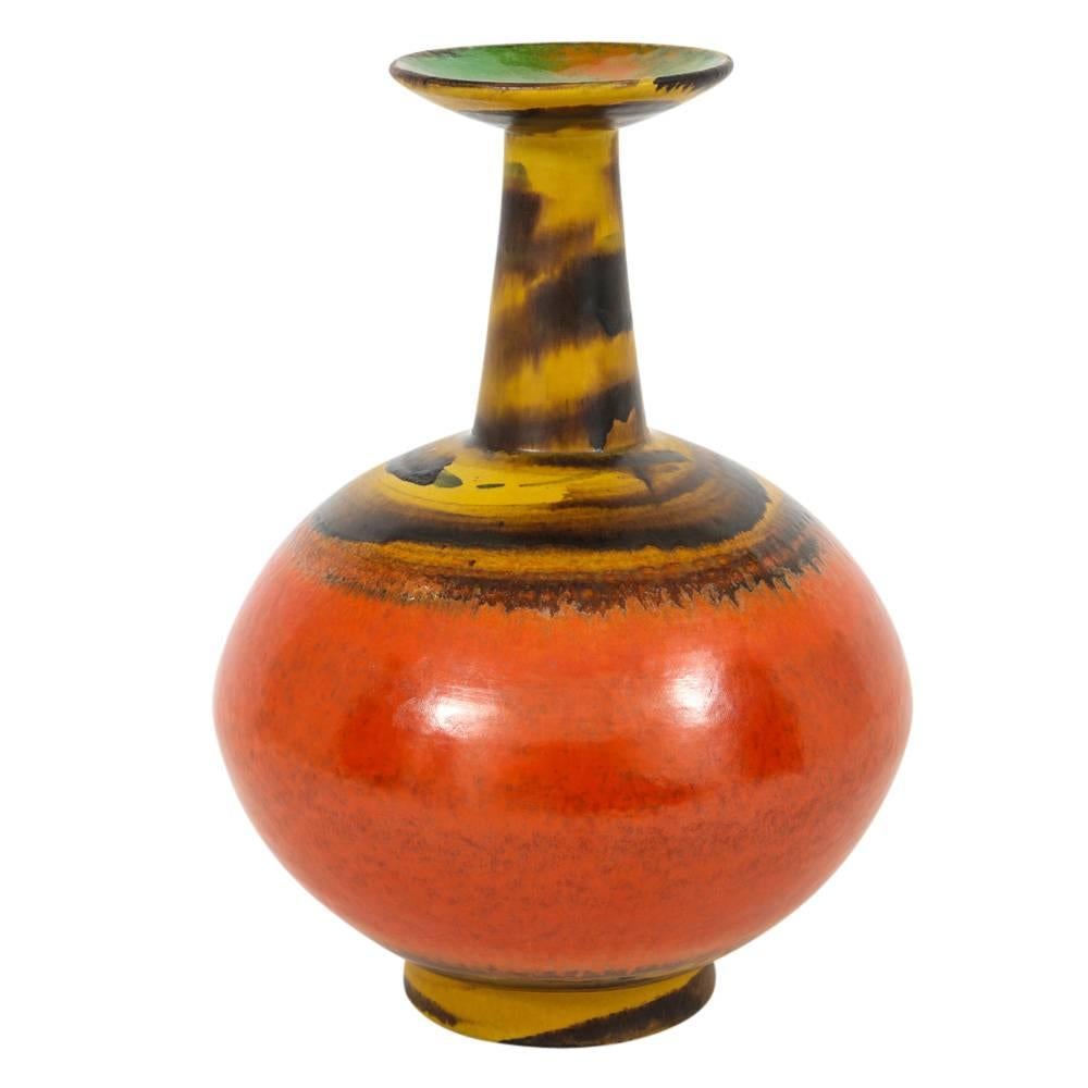 Mid-Century Modern Raymor Bitossi Vase, Ceramic, Orange Yellow, Bagni Signed