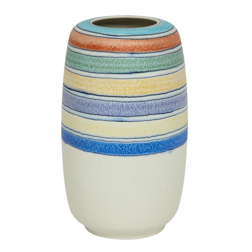 Raymor Bitossi ceramic vase stripes Bagni signed, Italy, 1960s. Large vase with girth. Nicely balanced composition of white lower half contrasted with bands of blue turquoise, burnt orange, yellow and two shades of blue on the upper half of the