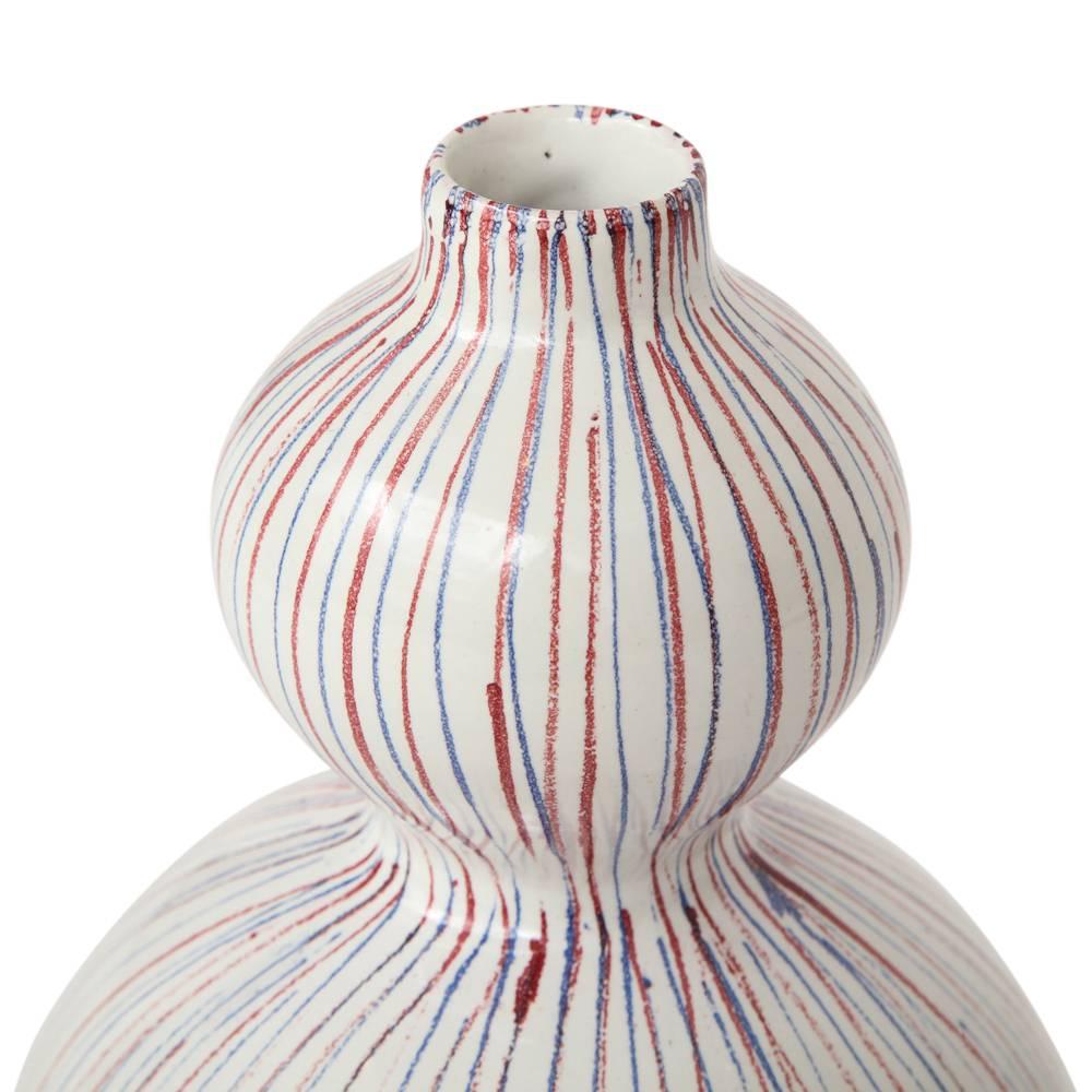 Glazed Bitossi Vase, Ceramic, Pinstripes, White, Red, Blue, Signed