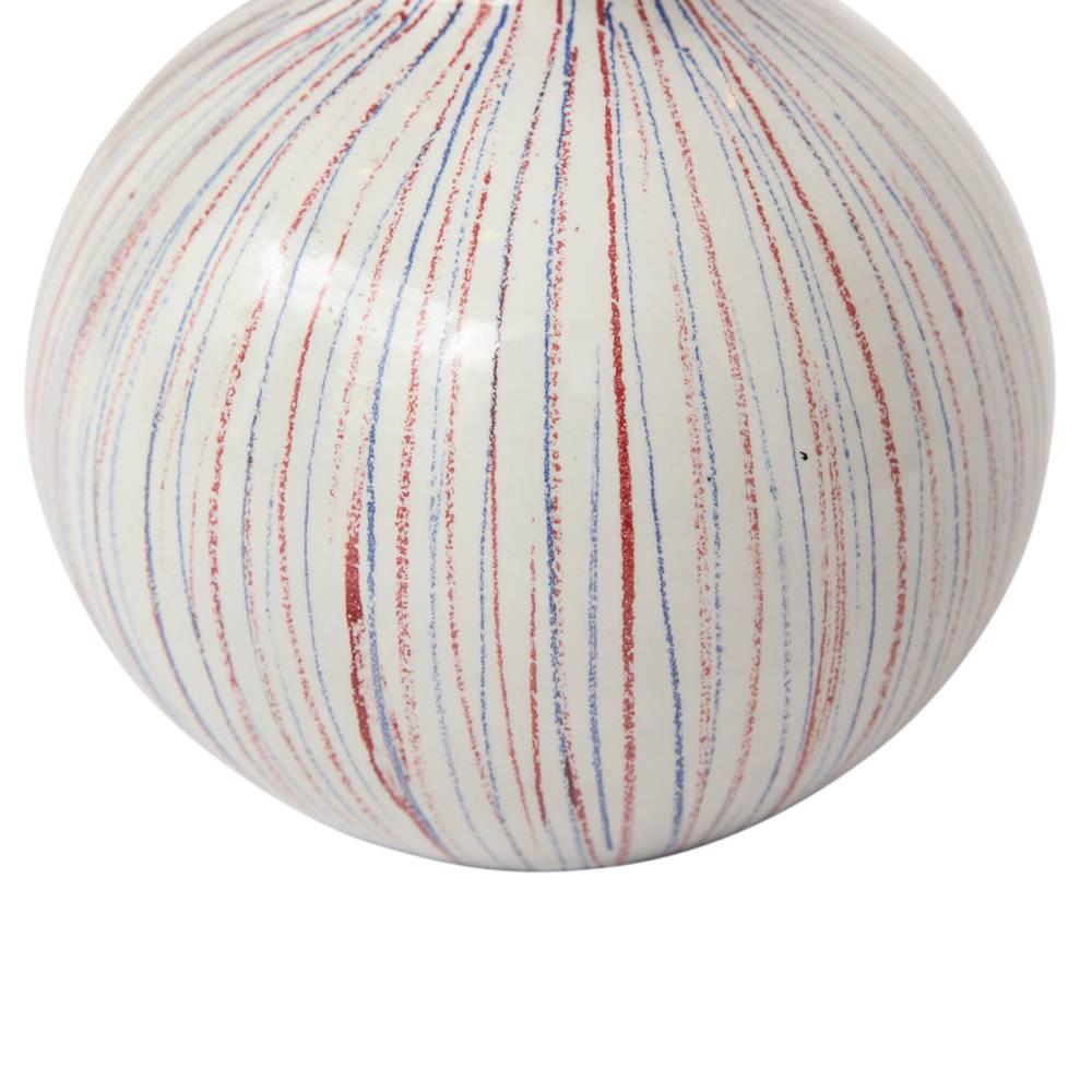 Mid-20th Century Bitossi Vase, Ceramic, Pinstripes, White, Red, Blue, Signed