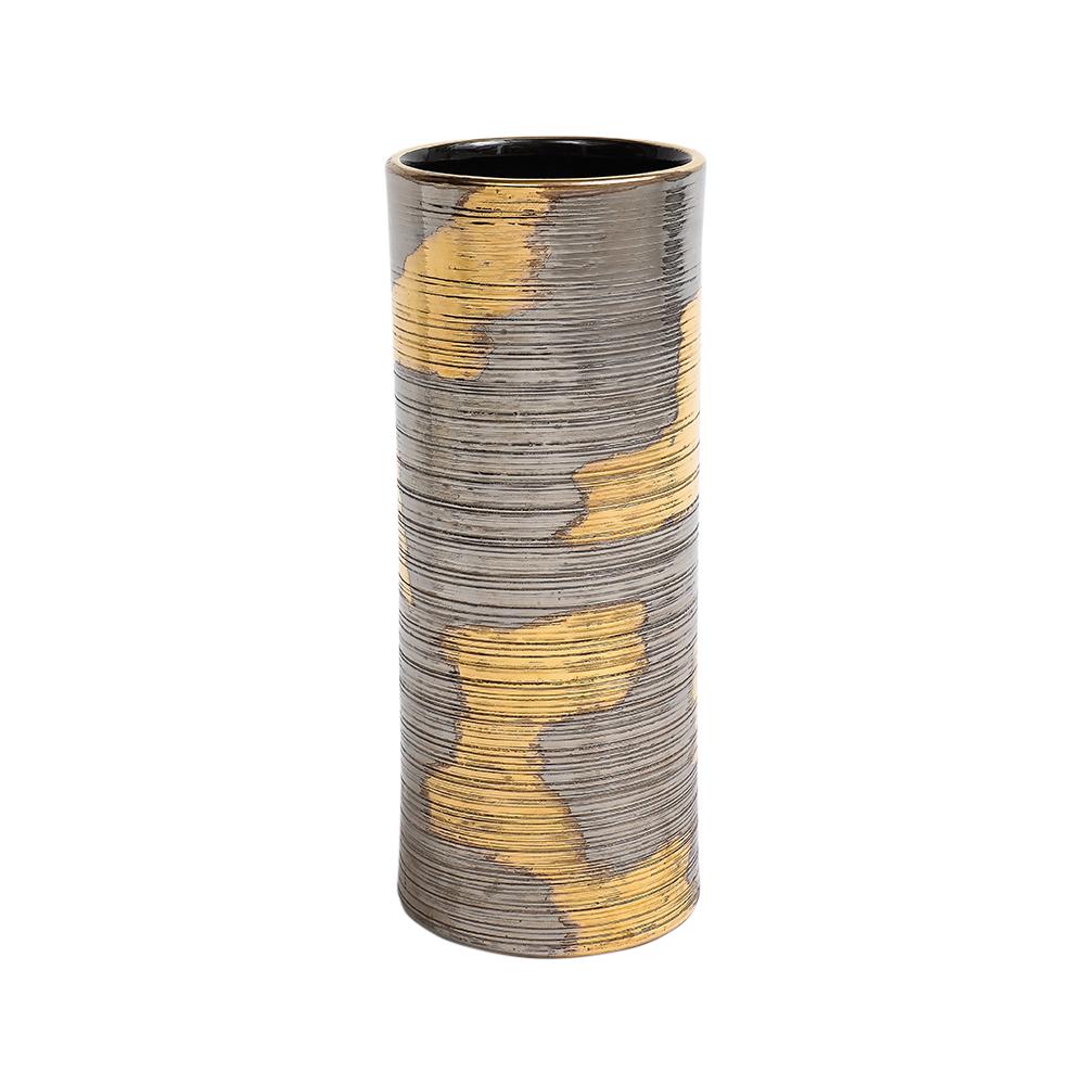 Italian Raymor Bitossi Vase, Ceramic, Abstract, Brushed Metallic Gold, Platinum, Signed For Sale