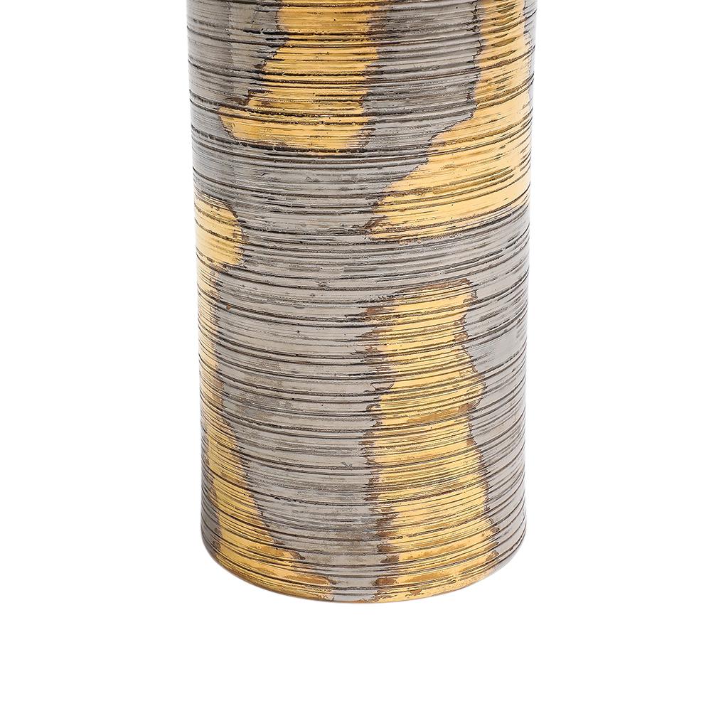 Raymor Bitossi Vase, Ceramic, Abstract, Brushed Metallic Gold, Platinum, Signed In Good Condition For Sale In New York, NY