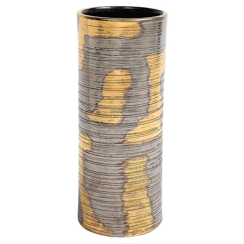 Raymor Bitossi-Vase, Keramik, abstrakt, gebürstetes Metallic-Gold, Platin, signiert im Angebot