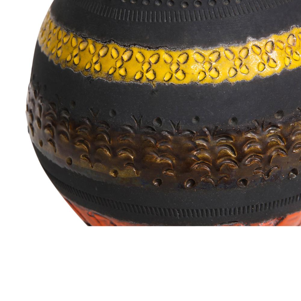 Bitossi for Raymor Vase, Ceramic, Matte Black, Yellow, Orange, Stripes, Signed 1