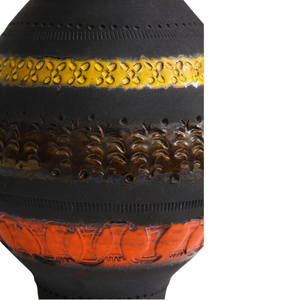 Bitossi for Raymor Vase, Ceramic, Matte Black, Yellow, Orange, Stripes, Signed 2