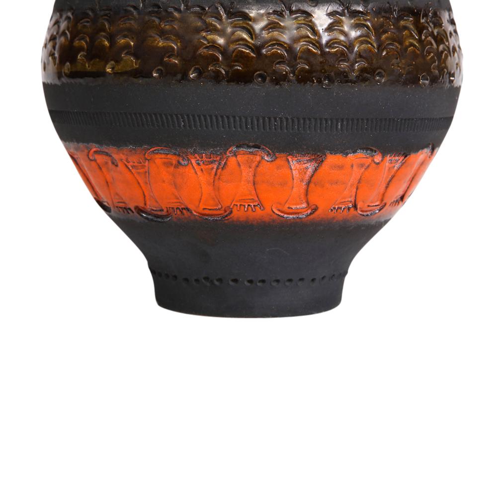 Bitossi for Raymor Vase, Ceramic, Matte Black, Yellow, Orange, Stripes, Signed 3