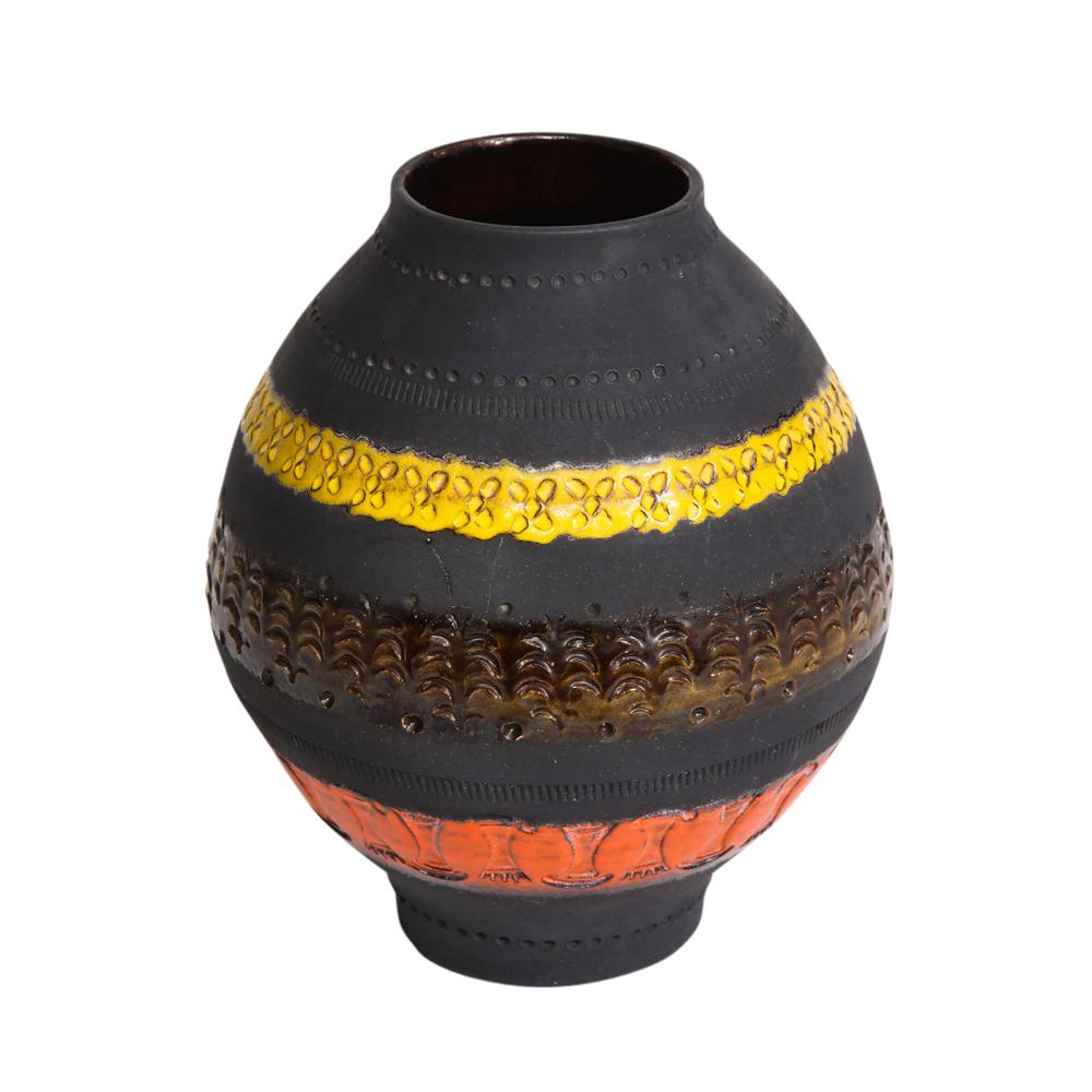 Mid-Century Modern Bitossi for Raymor Vase, Ceramic, Matte Black, Yellow, Orange, Stripes, Signed