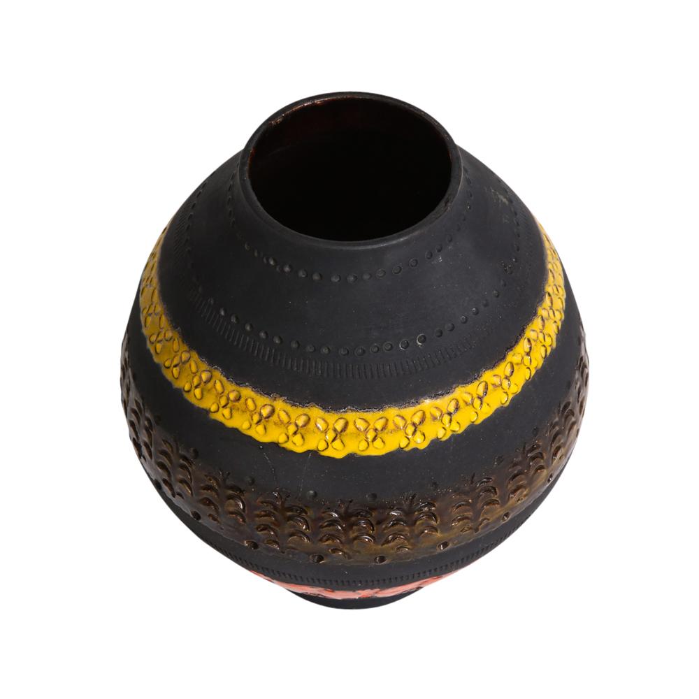 Italian Bitossi for Raymor Vase, Ceramic, Matte Black, Yellow, Orange, Stripes, Signed