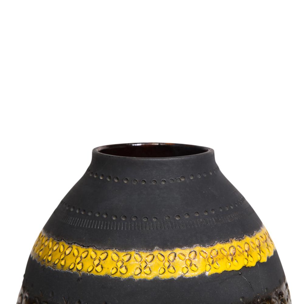 Mid-20th Century Bitossi for Raymor Vase, Ceramic, Matte Black, Yellow, Orange, Stripes, Signed