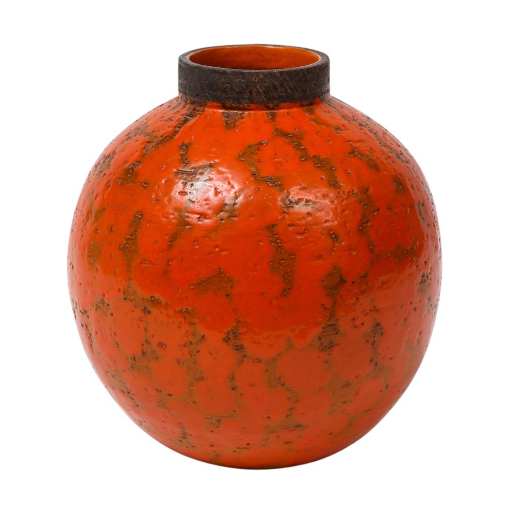 Bitossi for Raymor vase, ceramic, orange and brown, signed. Chunky orange glazed ball form vase with coarse matte brown clay collar. Signed on underside 4029 B, Italy. Retains original Raymor label on the underside, which reads: 