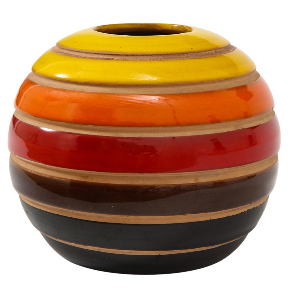 Raymor Bitossi Vase, Ceramic Stripes, Yellow Orange Red, Signed
