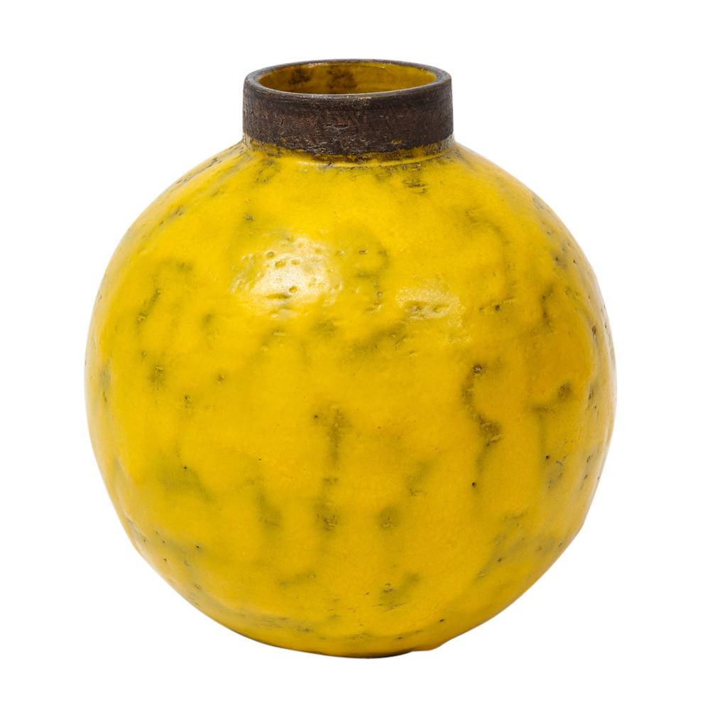 Raymor Bitossi vase, ceramic yellow brown, signed. Chunky yellow glazed spherical form vase with coarse matte brown clay collar. Signed on underside 4029 A, Italy. Retains original Raymor label which reads: BIT 3741 A.
 