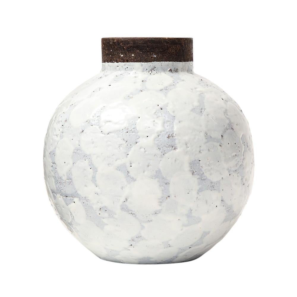 Raymor Bitossi White Ball Vase, Ceramic, Signed. Petite with white glazed body and raw clay brown collar. Measures 2.5 in across the top and 2.75 across the base. Signed on underside: 