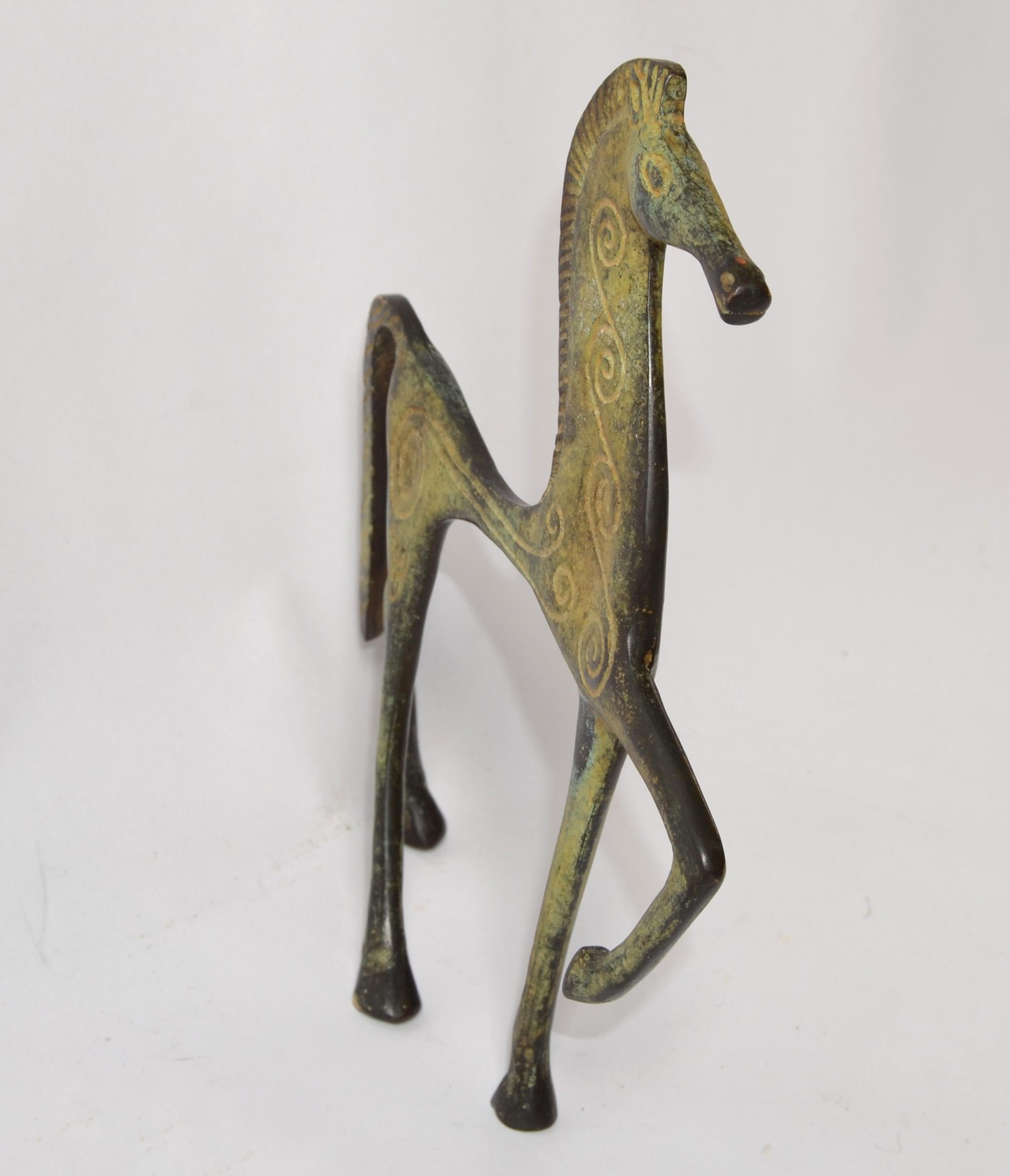 Raymor Italienische 1950er Jahre Bronze Messing Patina Etrusker Pferd Figur Weinberg Stil  (Handgefertigt) im Angebot