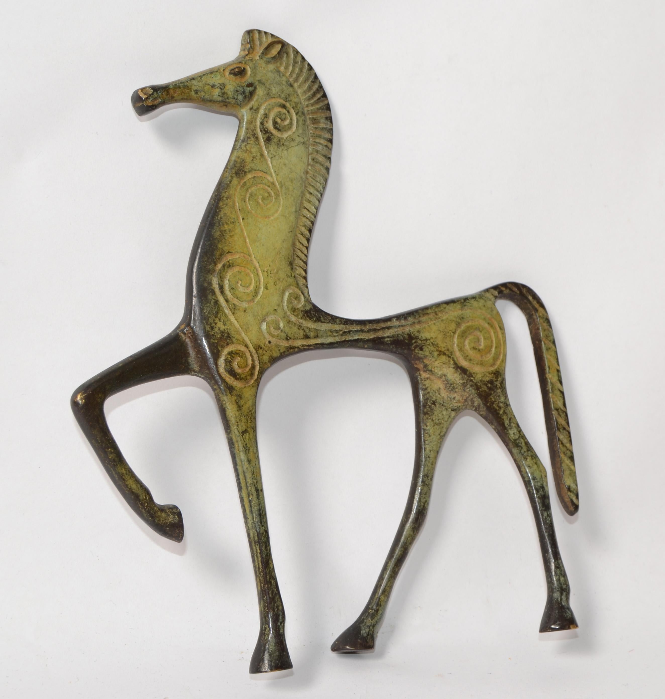 Raymor Italienische 1950er Jahre Bronze Messing Patina Etrusker Pferd Figur Weinberg Stil  (Mitte des 20. Jahrhunderts) im Angebot