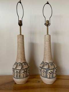 Raymor Italian Ceramic Lamps with Incised Bird in the Style of Gli Etruschi