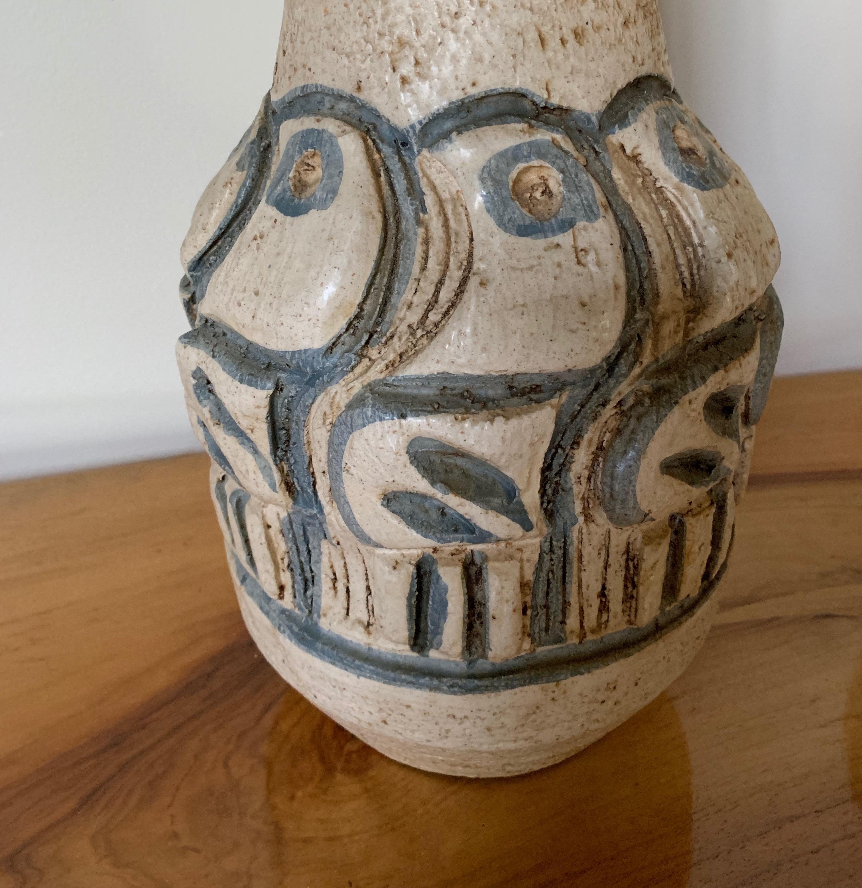 Mid-Century Modern Raymor Italian Ceramic Lamps with Incised Bird in the Style of Gli Etruschi