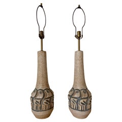 Raymor Italian Ceramic Lamps with Incised Bird in the Style of Gli Etruschi