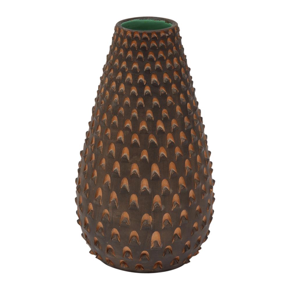 Raymor Pinecone Vase, Ceramic, Brown and Turquoise In Good Condition For Sale In New York, NY