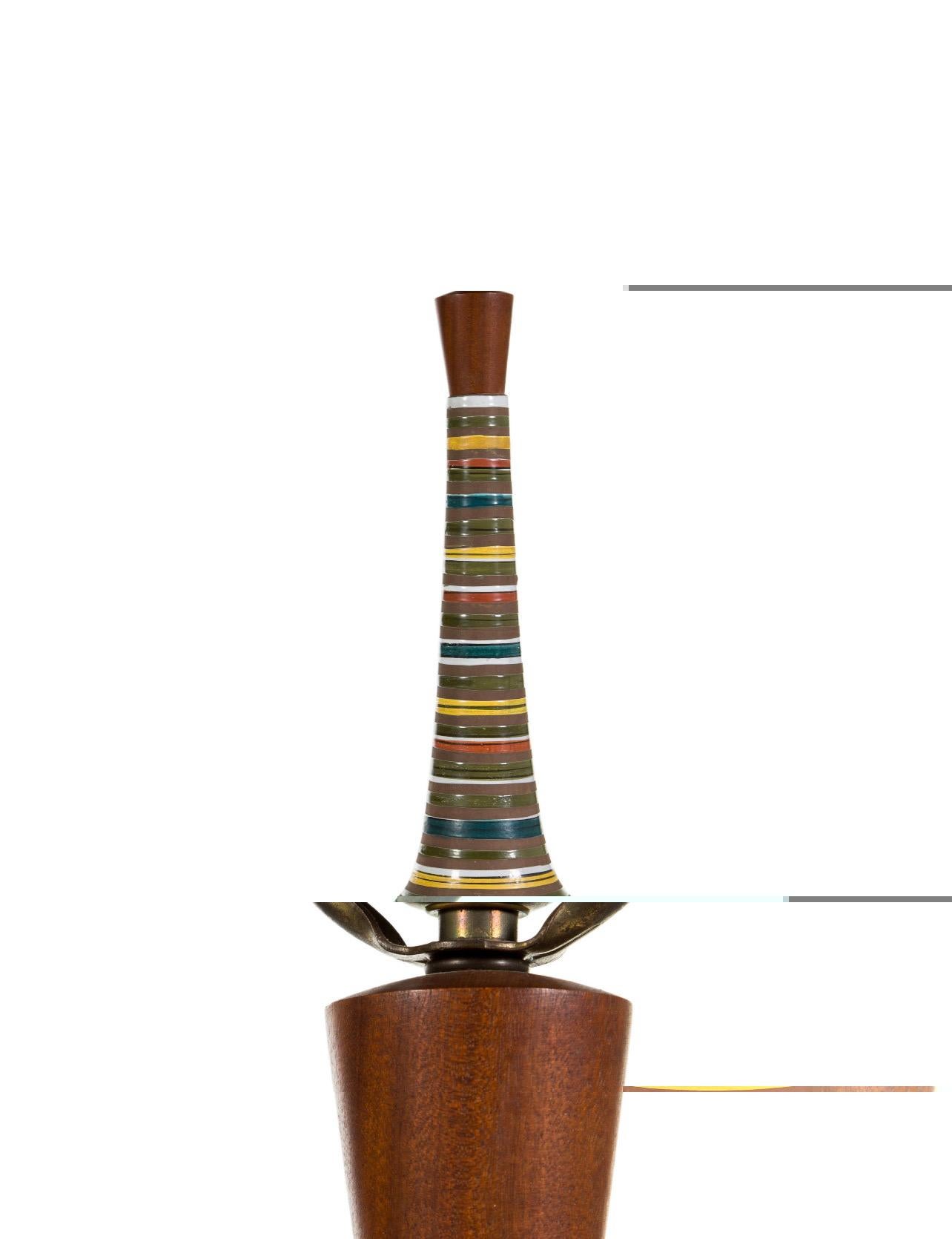 Brown, blue and multicolor table lamp by Raymor with striped design throughout, complemented by teak base and top. 

Italy, circa 1960; wired for US. 

Fully working; takes a standard US bulb, 75 watts max.

Unsigned.

Dimensions: 31