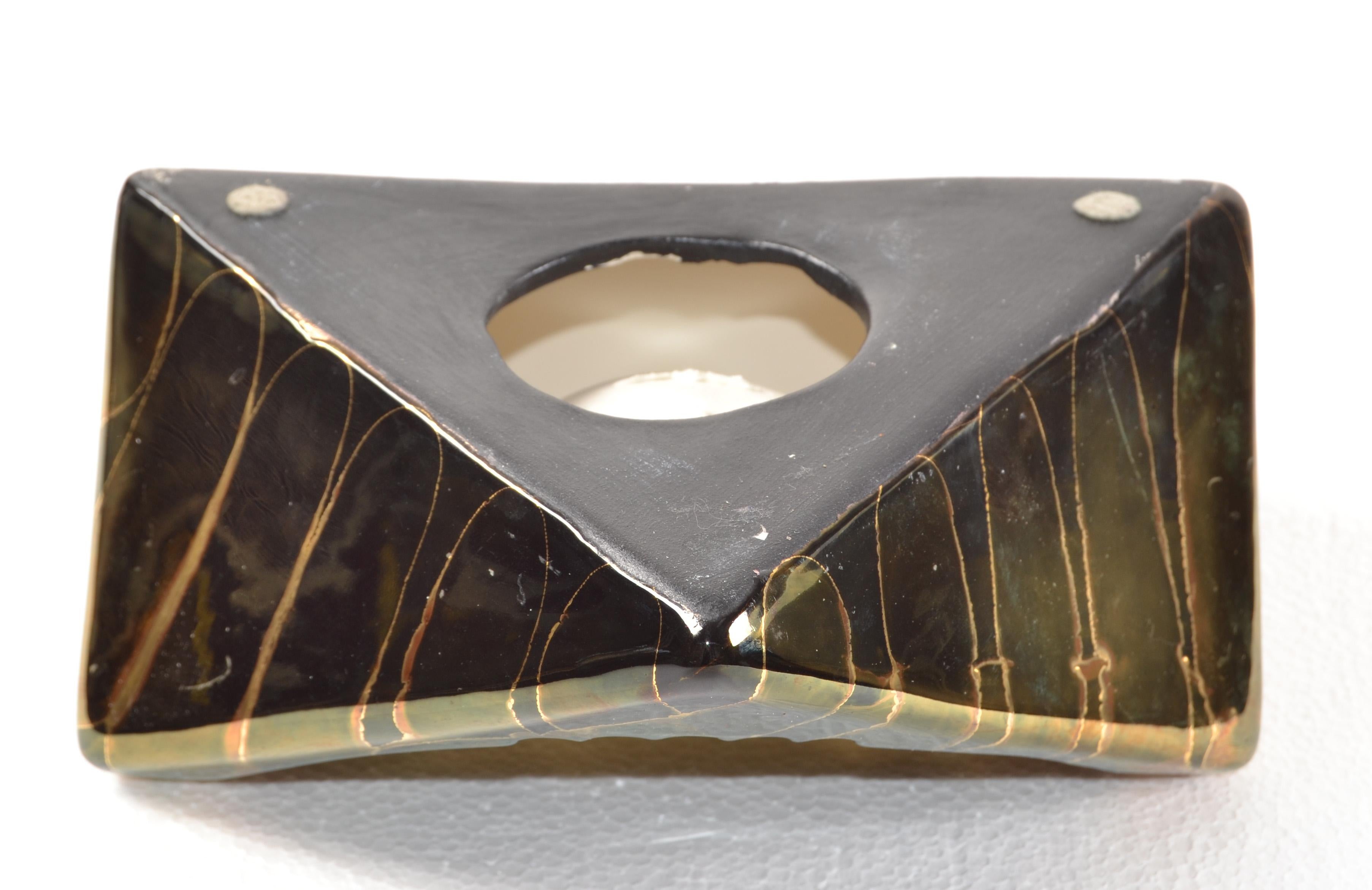 Raymor Style Vintage Bronze Black Gold Glazed Ceramic Asymmetric Ashtray Italy For Sale 4