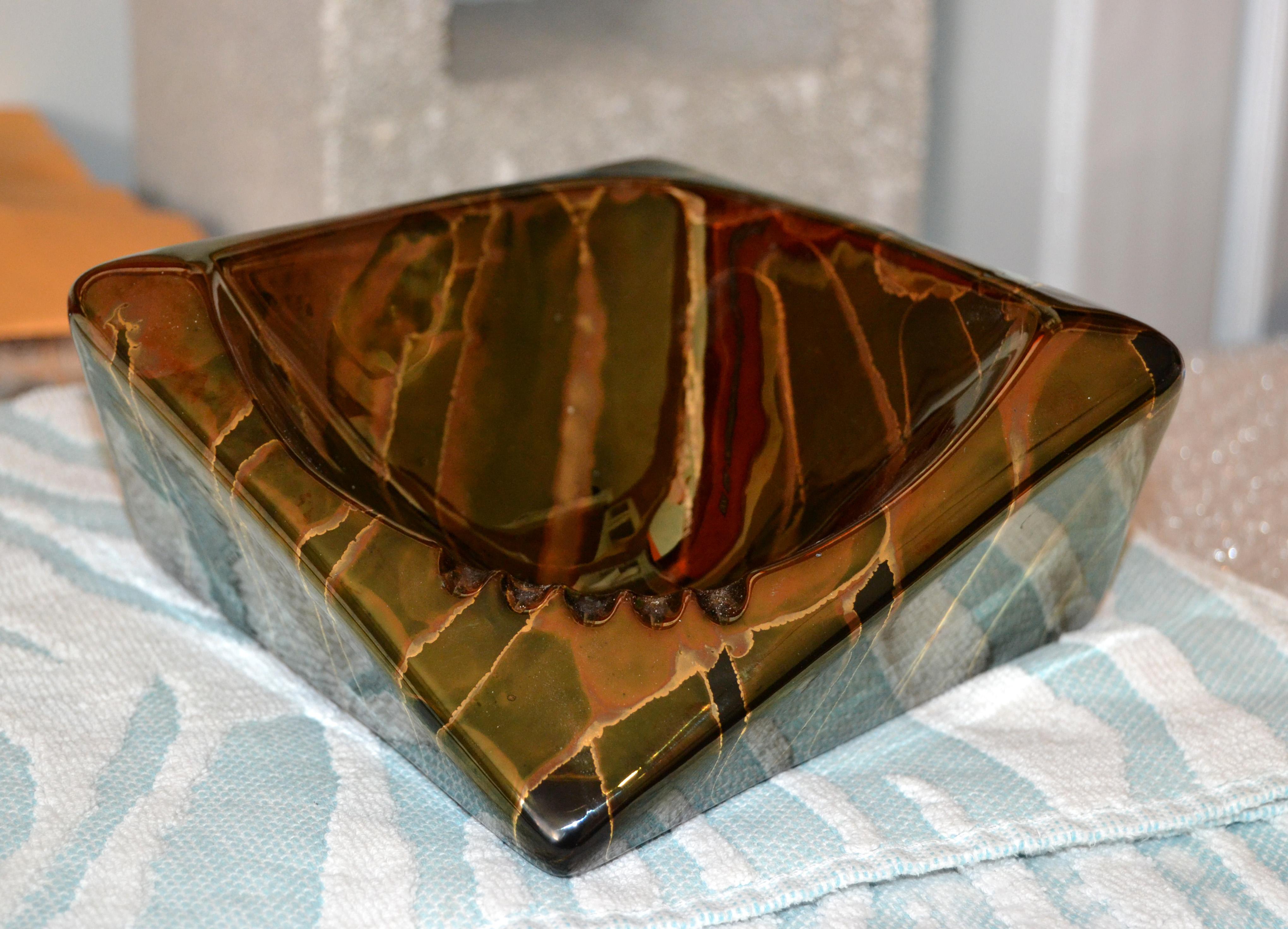 Mid-Century Modern Raymor Style Vintage Bronze Black Gold Glazed Ceramic Asymmetric Ashtray Italy For Sale