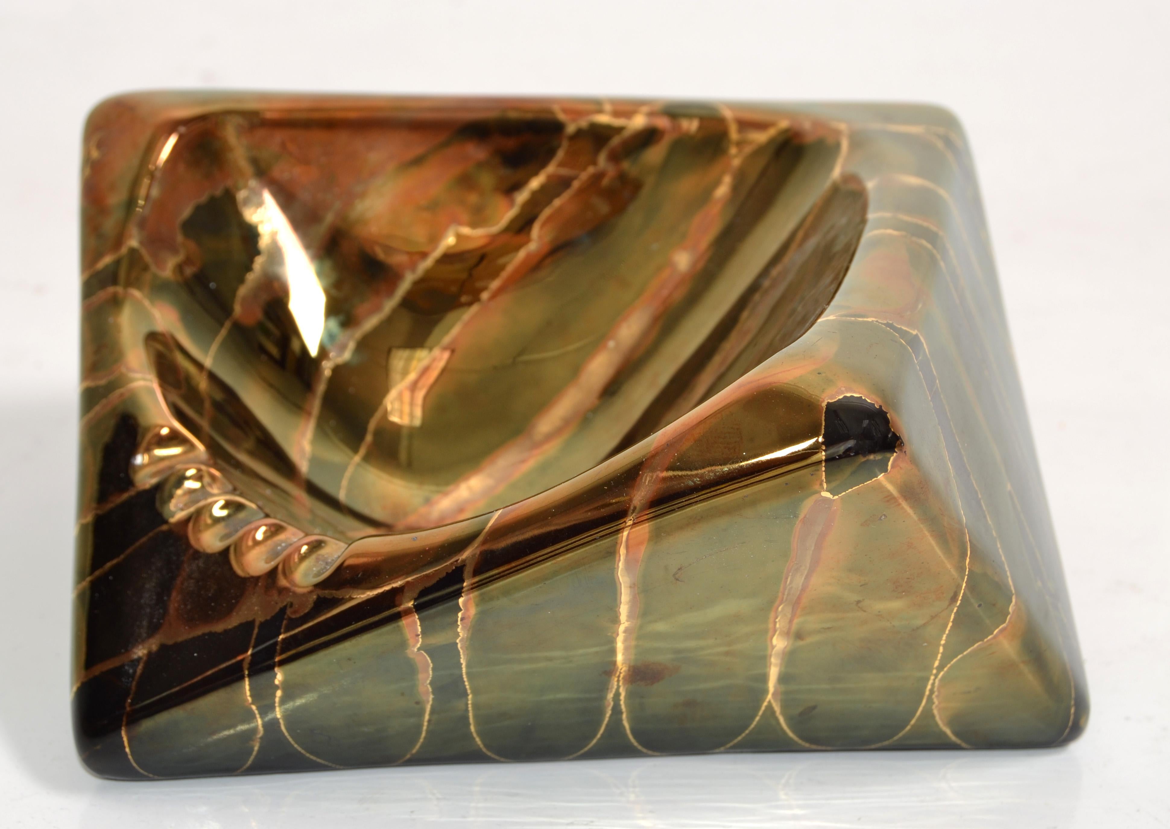 Raymor Style Vintage Bronze Black Gold Glazed Ceramic Asymmetric Ashtray Italy In Good Condition For Sale In Miami, FL