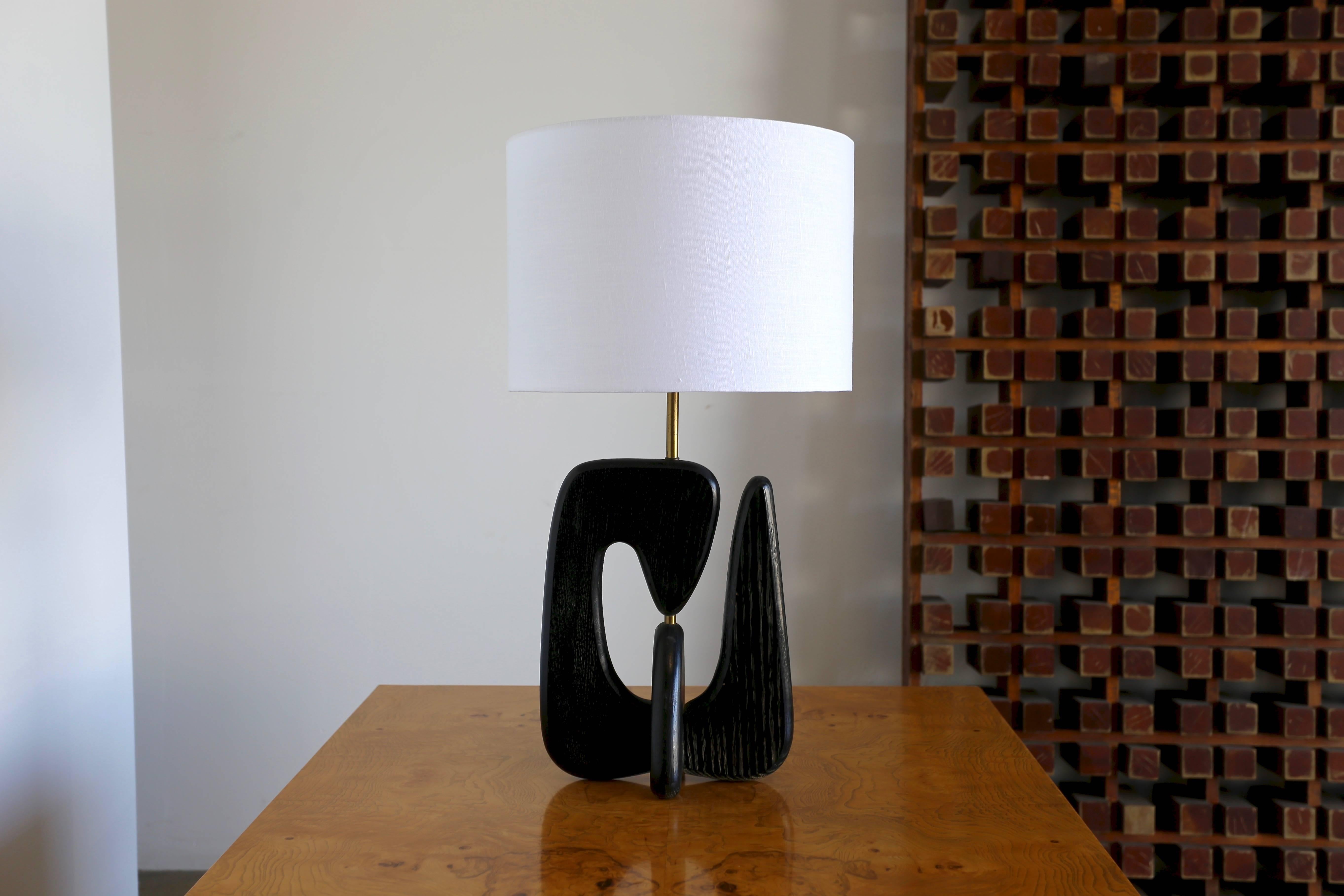 Sculptural Raymor table lamp no. 3004. This lamp base is good vintage condition with only minor wear. The shade is custom and new. Listed measurements include the shade.