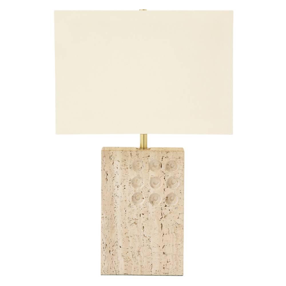 Raymor lamps, travertine, impressed discs. Pair of medium scale rectangular table lamps decorated with three rows of impressed discs. Hand crafted in Italy and imported to the United States by Raymor of NYC. The travertine bodies measure: 12 inch x