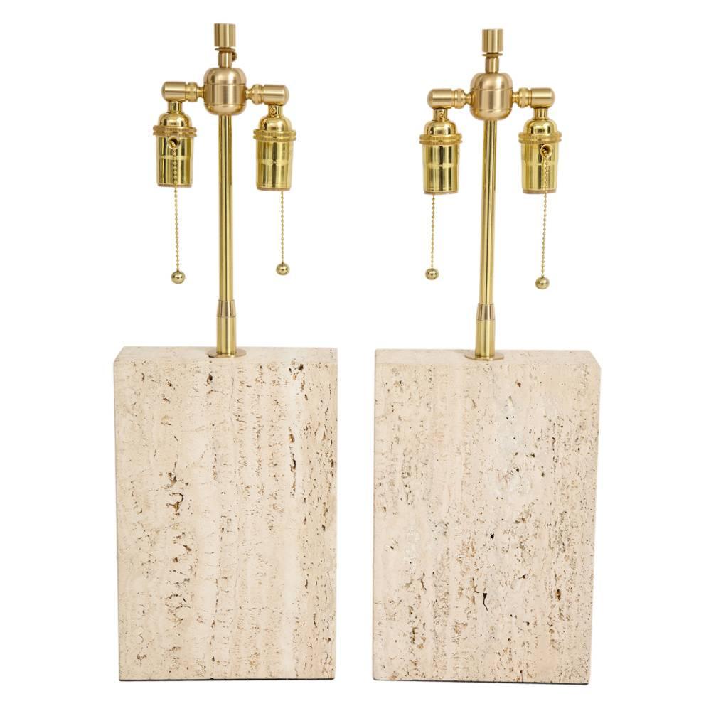 Raymor Lamps, Travertine, Impressed Discs In Good Condition In New York, NY