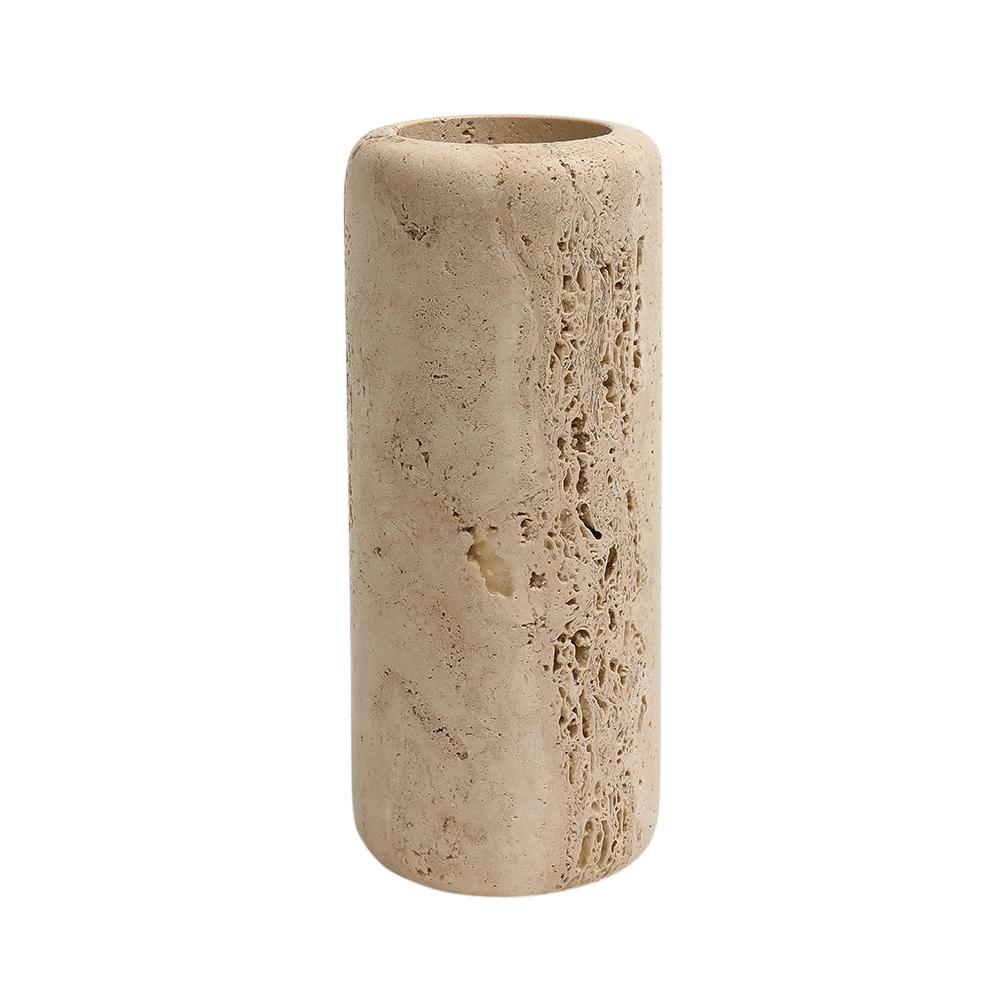 Raymor Travertine Vase, Signed. Chunky thick walled cylinder vase with natural perforated decoration. Retains Raymor paper decal: 