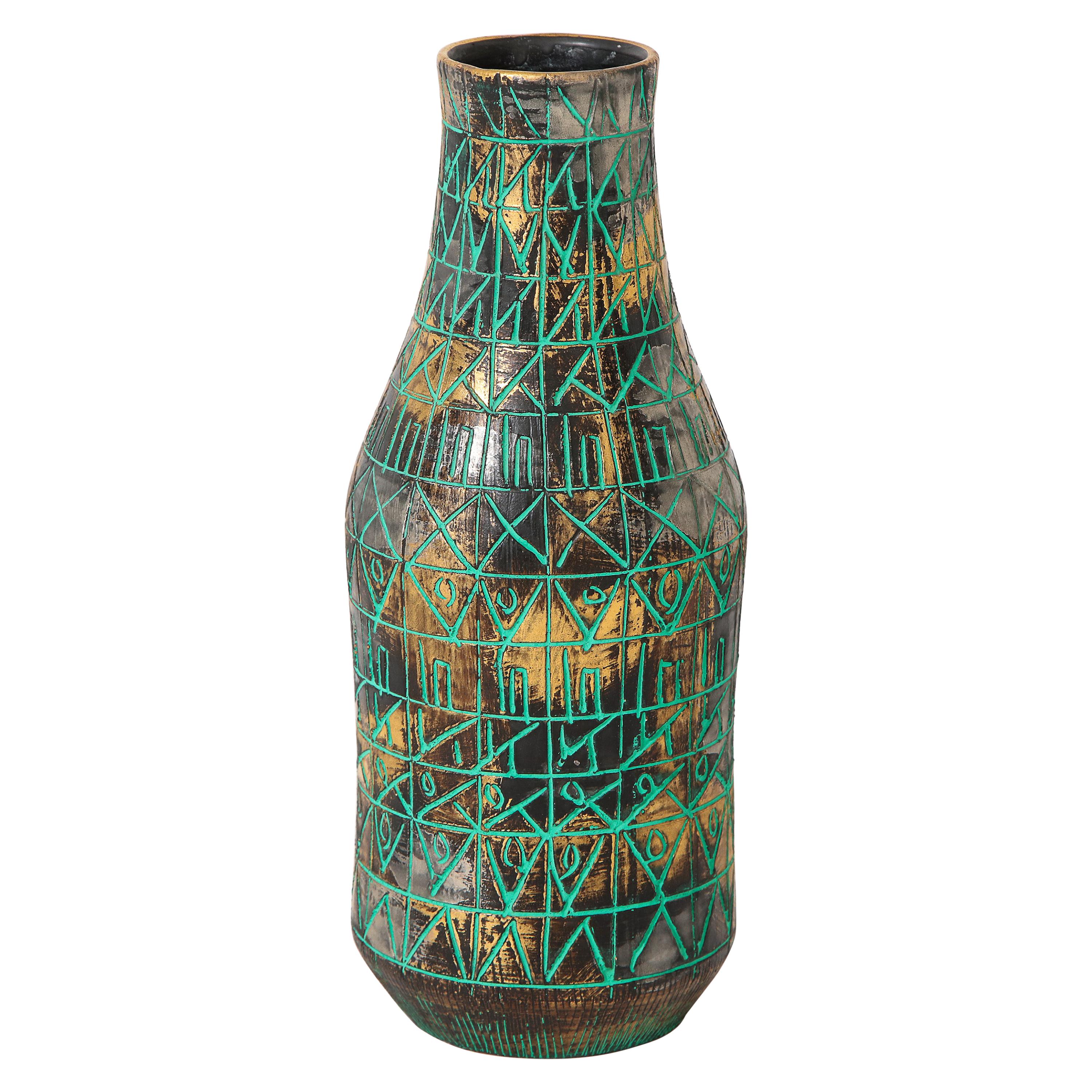 Raymor Vase, Ceramic, Sgraffito, Green, Gold, Chrome, Signed For Sale