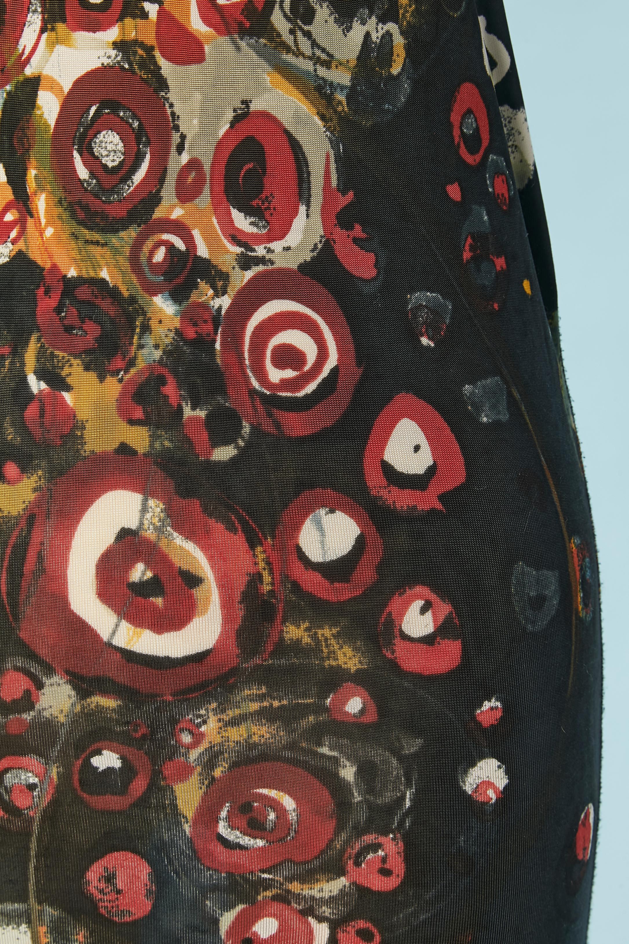 Black Rayon jersey abstract printed tank top with tulle edge Jean-Paul Gaultier Maille For Sale