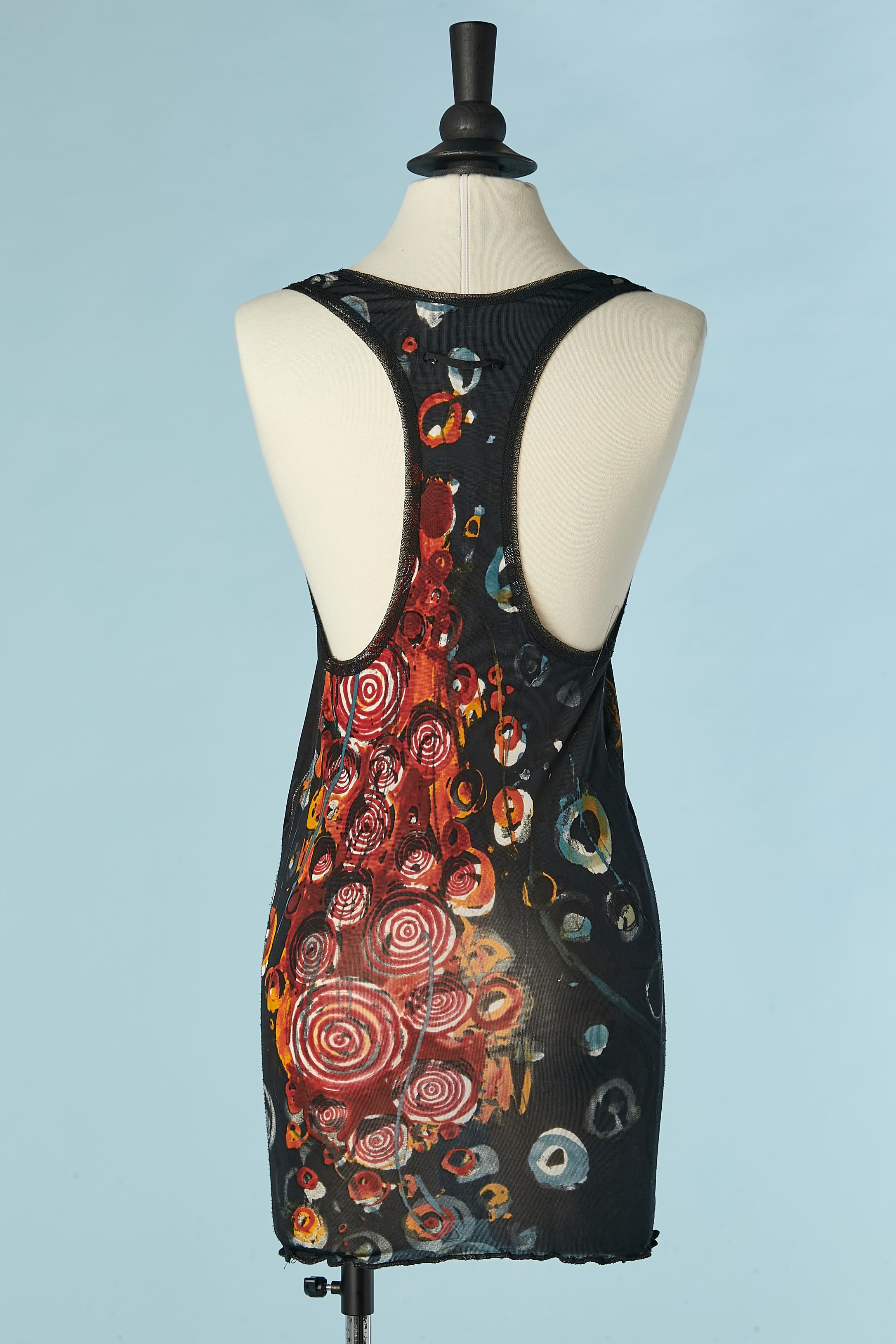 Women's Rayon jersey abstract printed tank top with tulle edge Jean-Paul Gaultier Maille For Sale