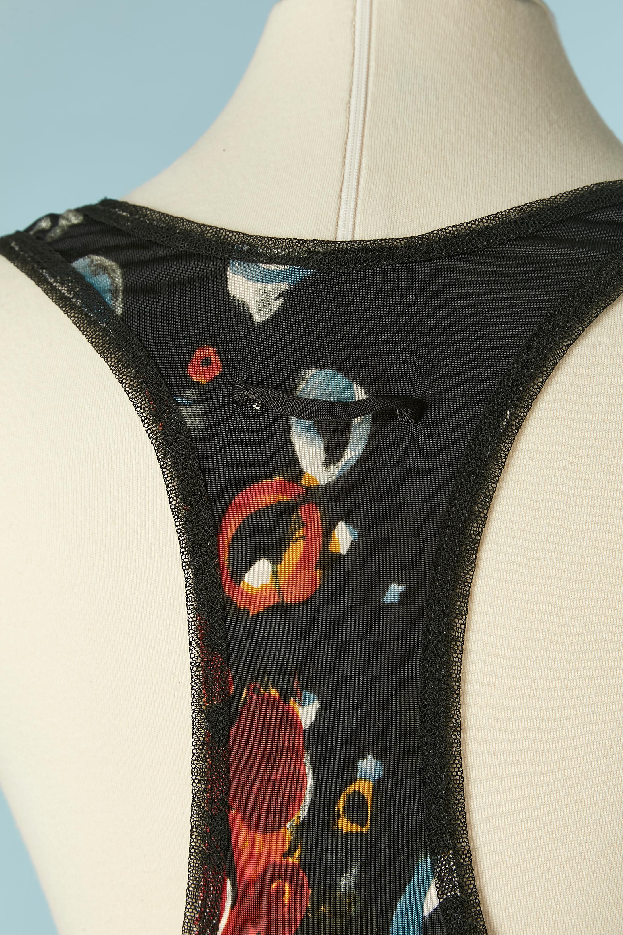 Rayon jersey abstract printed tank top with tulle edge Jean-Paul Gaultier Maille For Sale 1