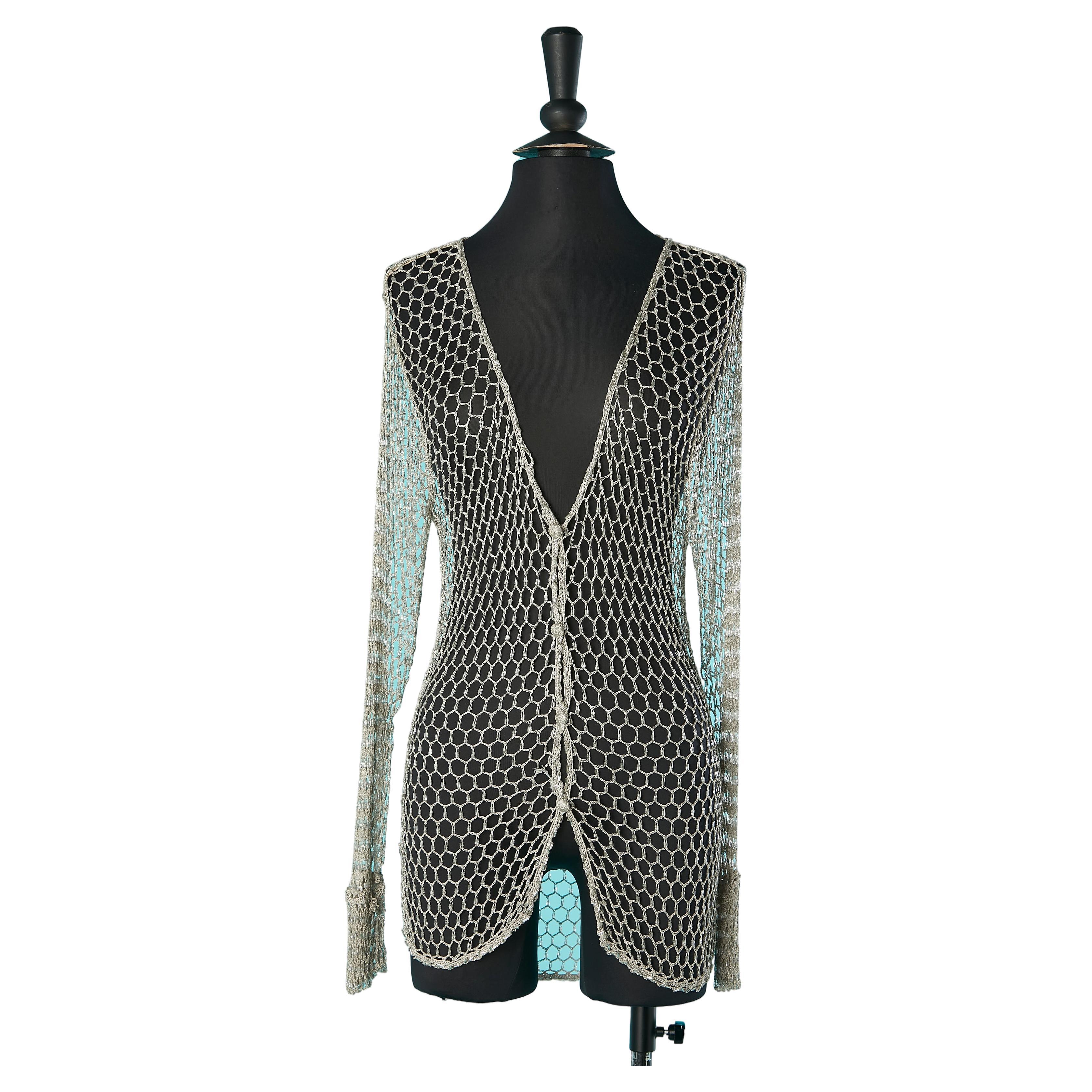 Rayon mesh knit and beads cardigan with crochet's button Class