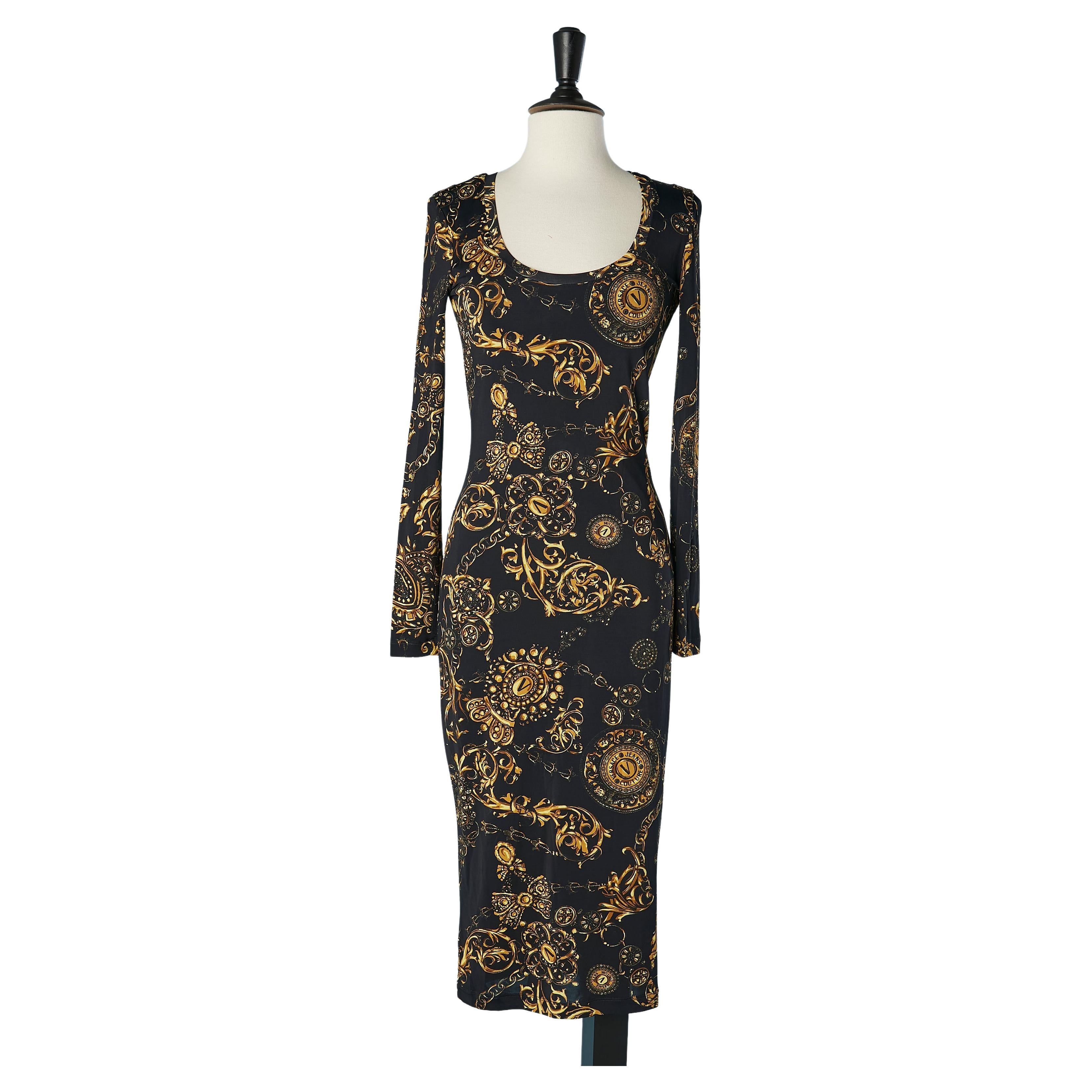 Versace Jeans Couture 1992 Barocco Pattern Cotton Dress with Gold Trim ...