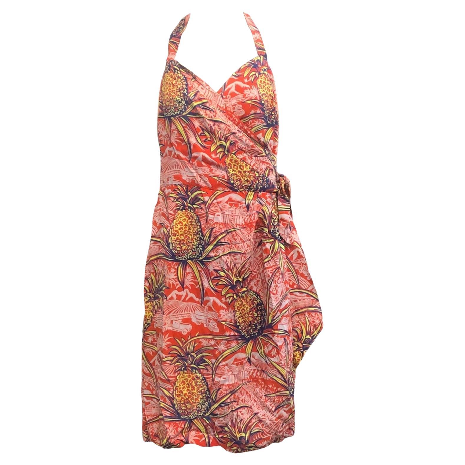 Vestido Envolvente de Rayón TIKI con Estampado Hawaiano de Piñas, Años 40 en venta