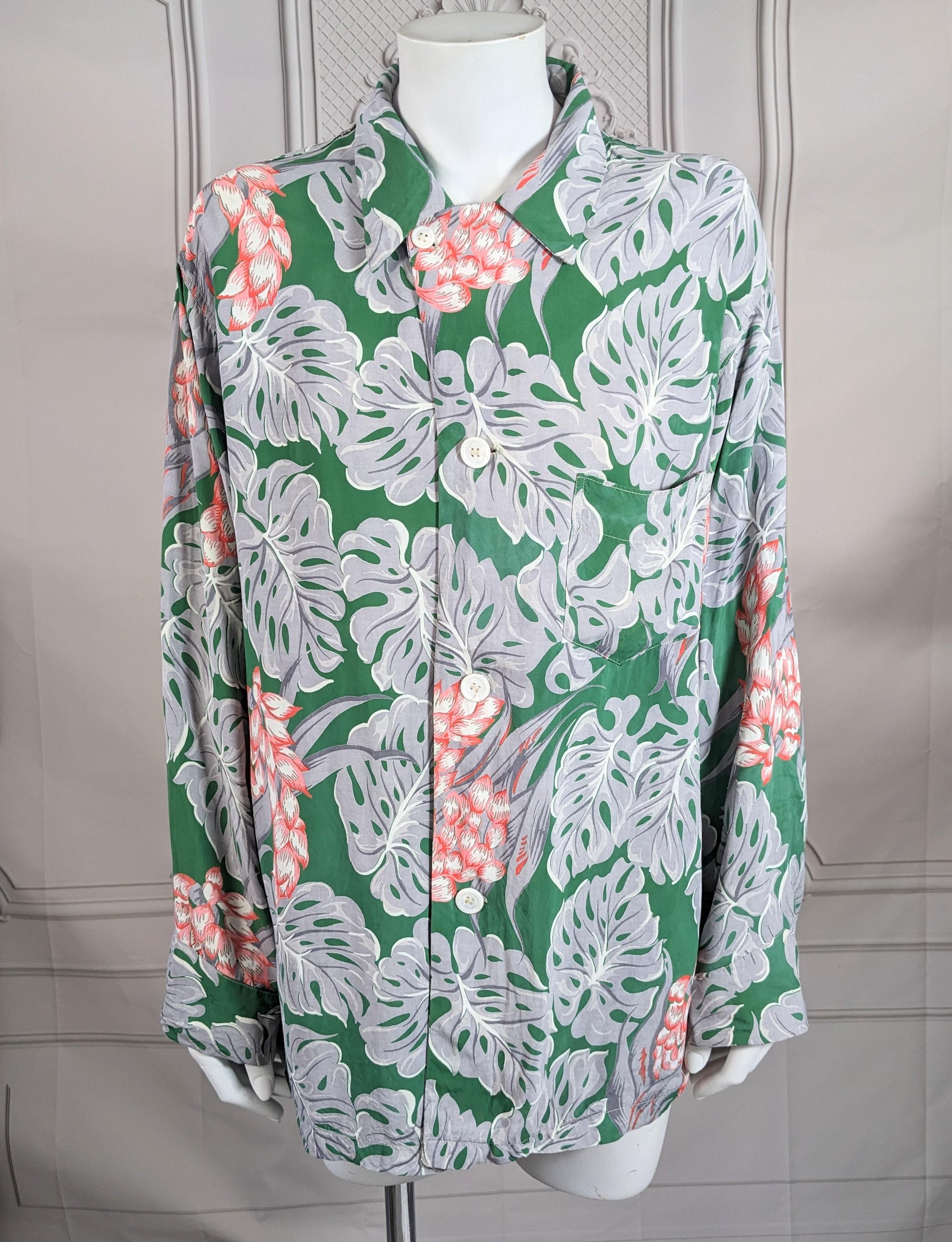 Gray Rayon Tropical Palm Printed Shirt 1940s For Sale