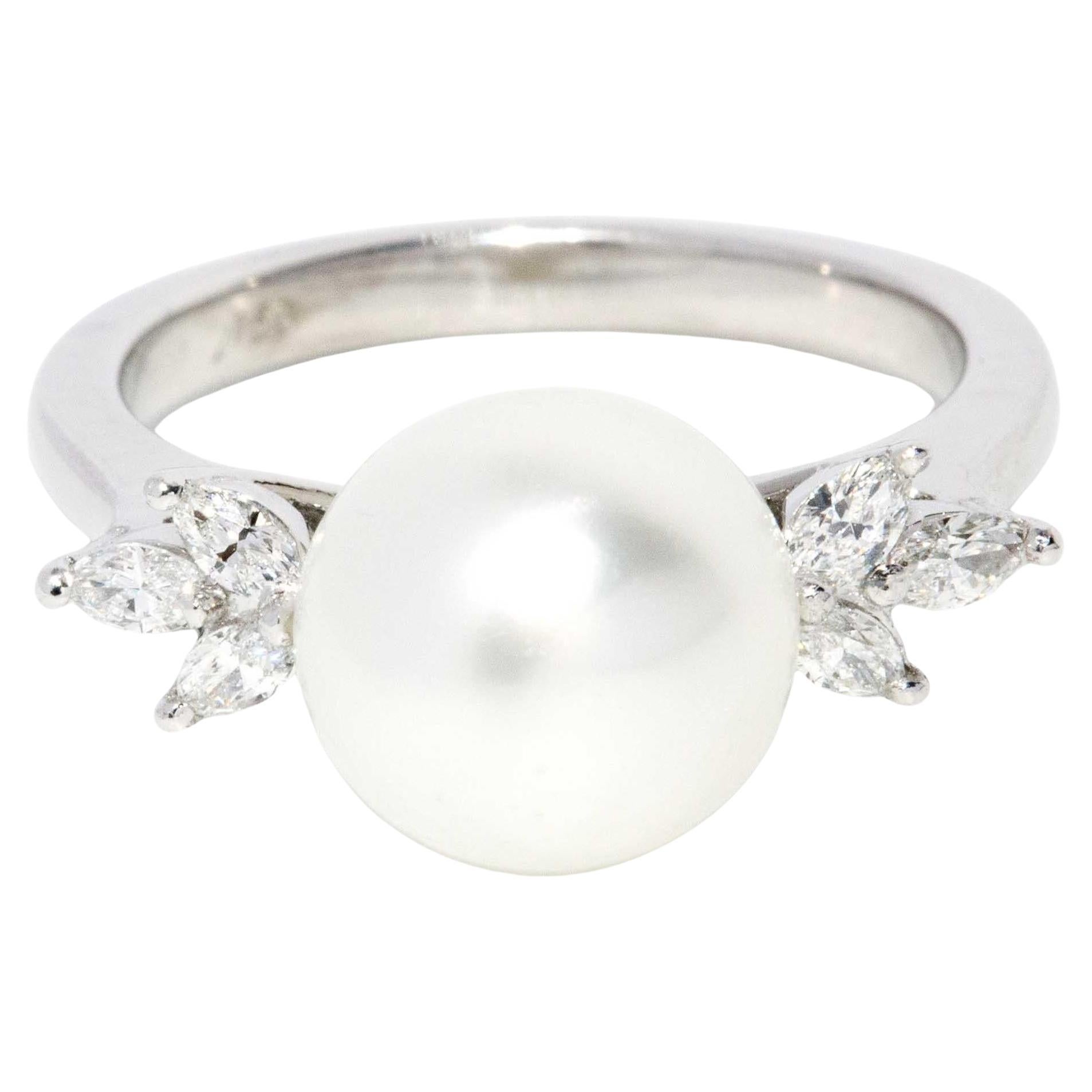 Contemporary South Sea Pearl & Marquise Diamond Ring 18 Carat White Gold