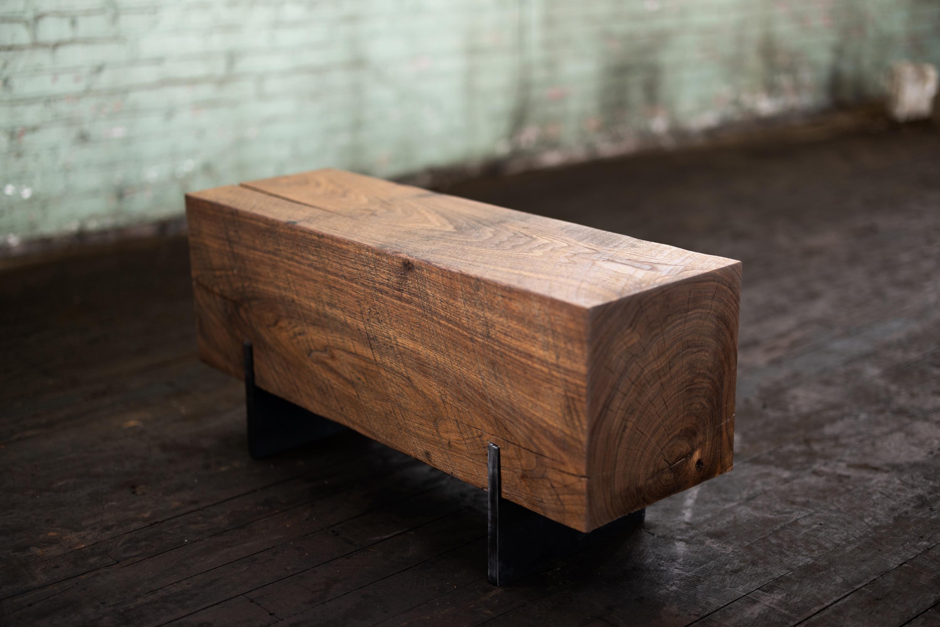Rustic Knife Walnut Beam Bench 4' Solid Wood + Blackened Steel Bench by Alabama Sawyer For Sale