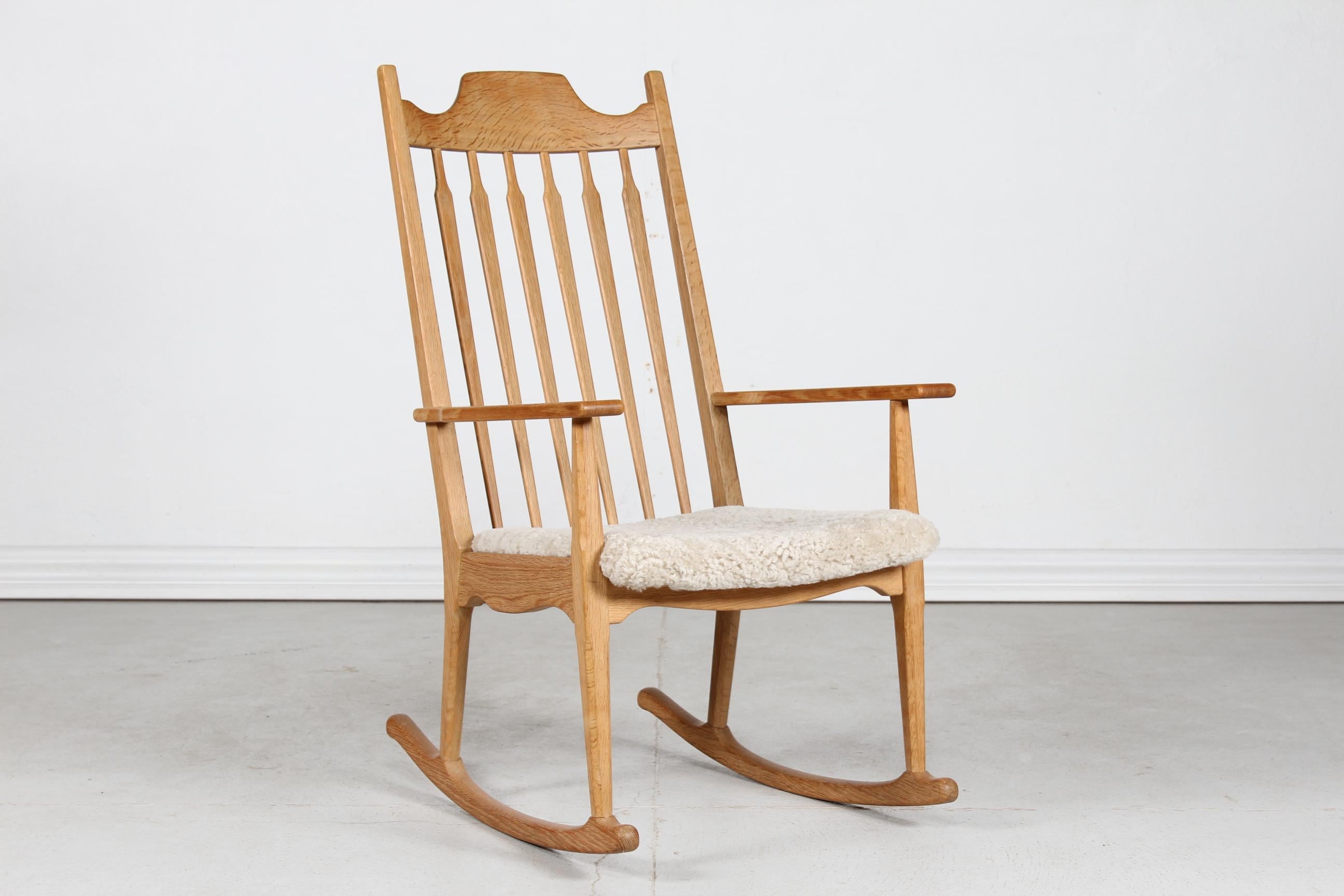 Mid-Century Modern Razor Blade Henning Kjærnulf Rocking Chair by EG Møbler Solid Oak + Sheepskin  For Sale
