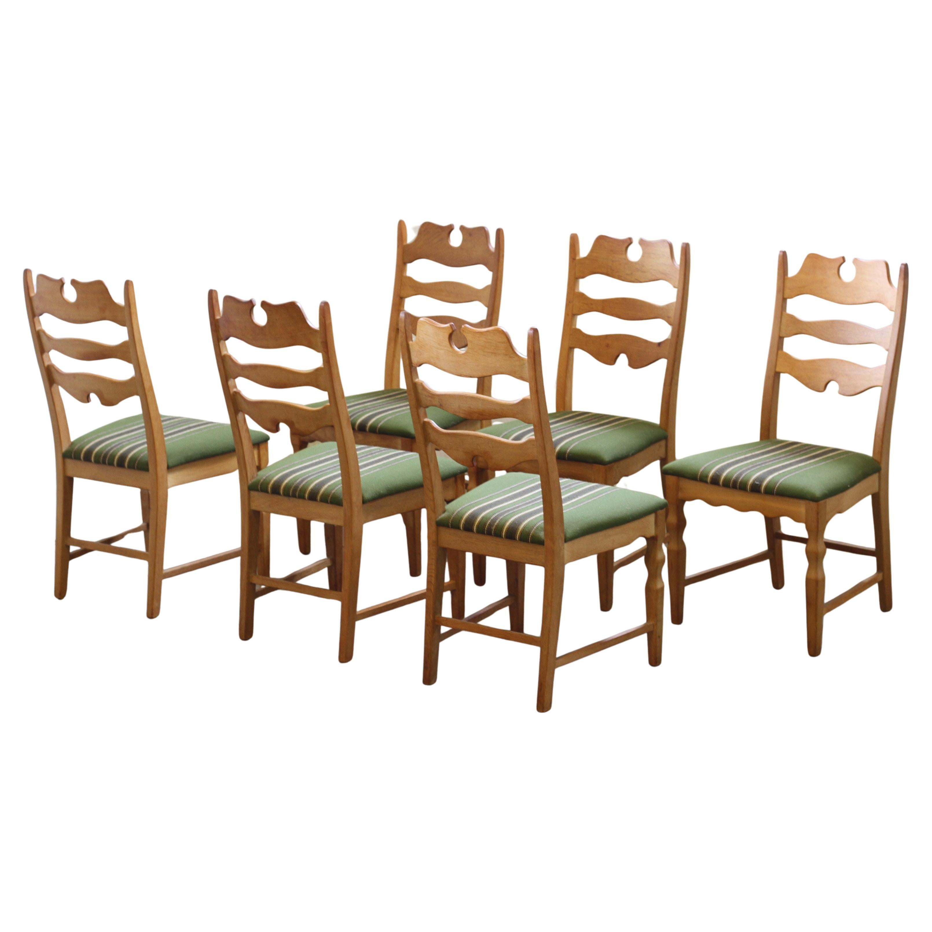 Razorblade Highback Chairs in Rich Patina Oak by Henning Kjærnulf, 1960s For Sale